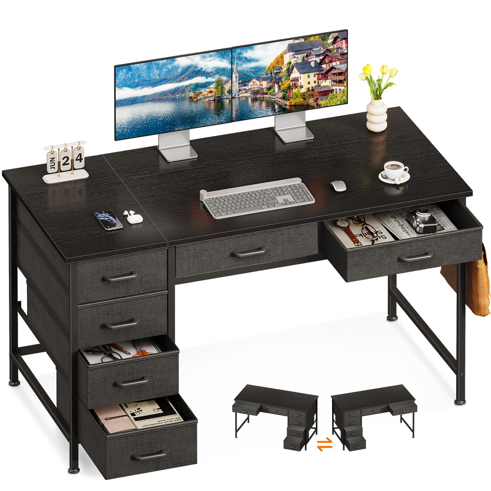 ODK 48 Inch Computer Desk with 6 Drawers - Black Home Office Desk with Storage & Headphone Hook, Reversible Study Table for Bedroom, Perfect for Remote Work & Online Learning