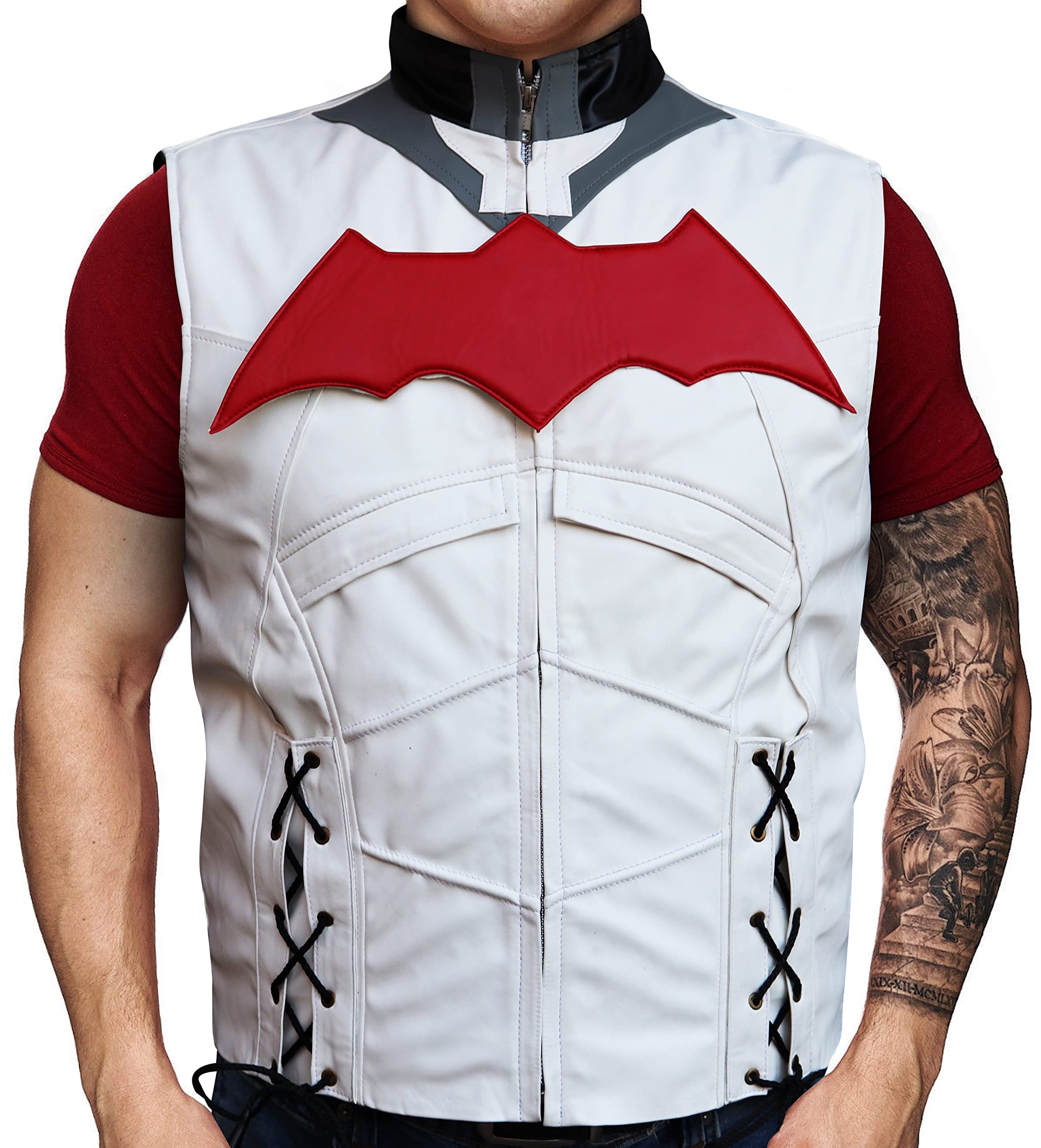 Red Hood Motorcycle Jacket & Vest 2-in-1 - Men's Biker Jacket with Detachable Vest for Riding, Cosplay & Halloween Costume