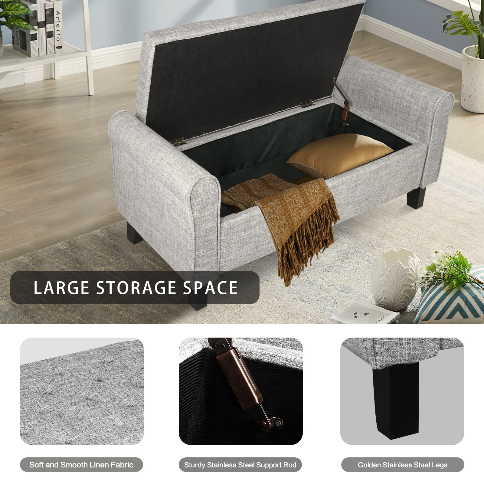 Storage Ottoman Bench with Arms - Button Tufted Upholstered Seat with Hidden Storage Compartment, Multi-Purpose Bench for Bedroom, Living Room, Entryway & Hallway (Light Grey) - Perfect as Bed End Bench, Shoe Storage or Living Room Seating