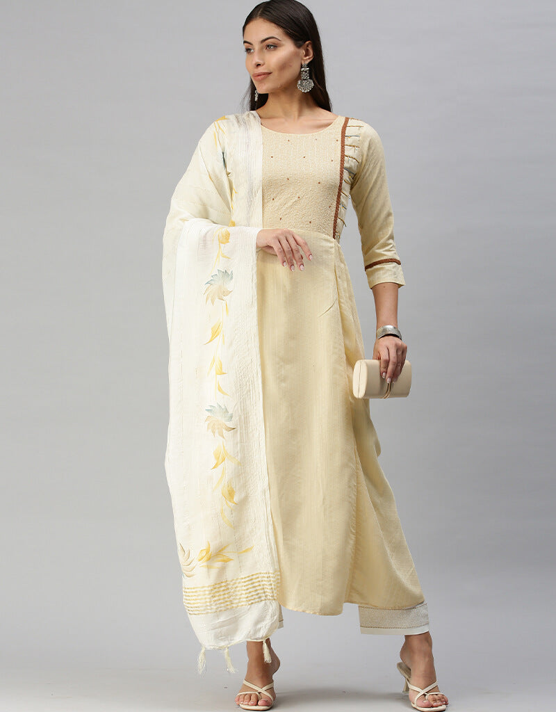 Elegant Beige Silk Pant Salwar Suit for Women - Comfortable & Stylish Indian Ethnic Wear - Perfect for Weddings, Festivals & Special Occasions