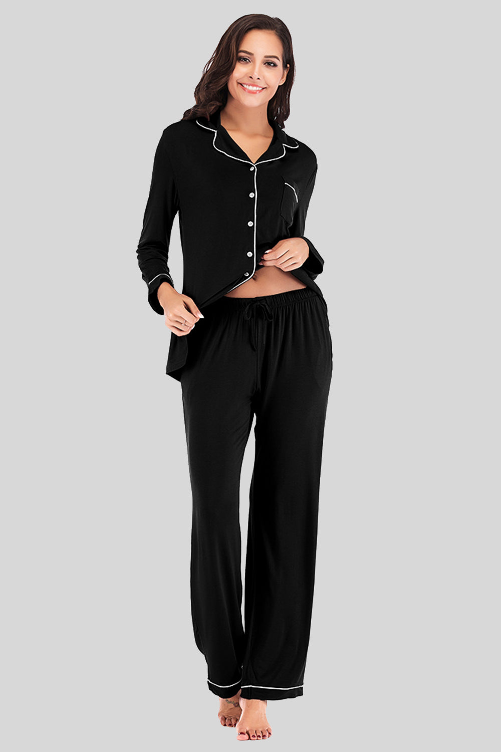 Cozy Classic Long Sleeve Loungewear Set with Pockets for Women - Soft Comfortable Lounge Outfit for Home Relaxation, Yoga & Casual Wear