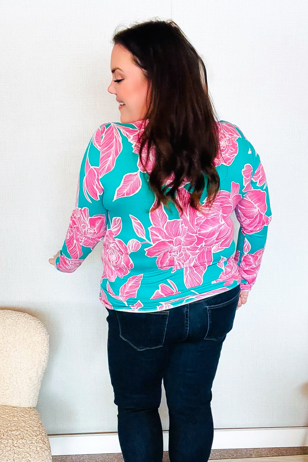 Find Love Aqua/Pink Fitted Floral Print Buttery Soft Knit Top | Women's Stretchy Comfortable Blouse for Casual Wear & Date Nights