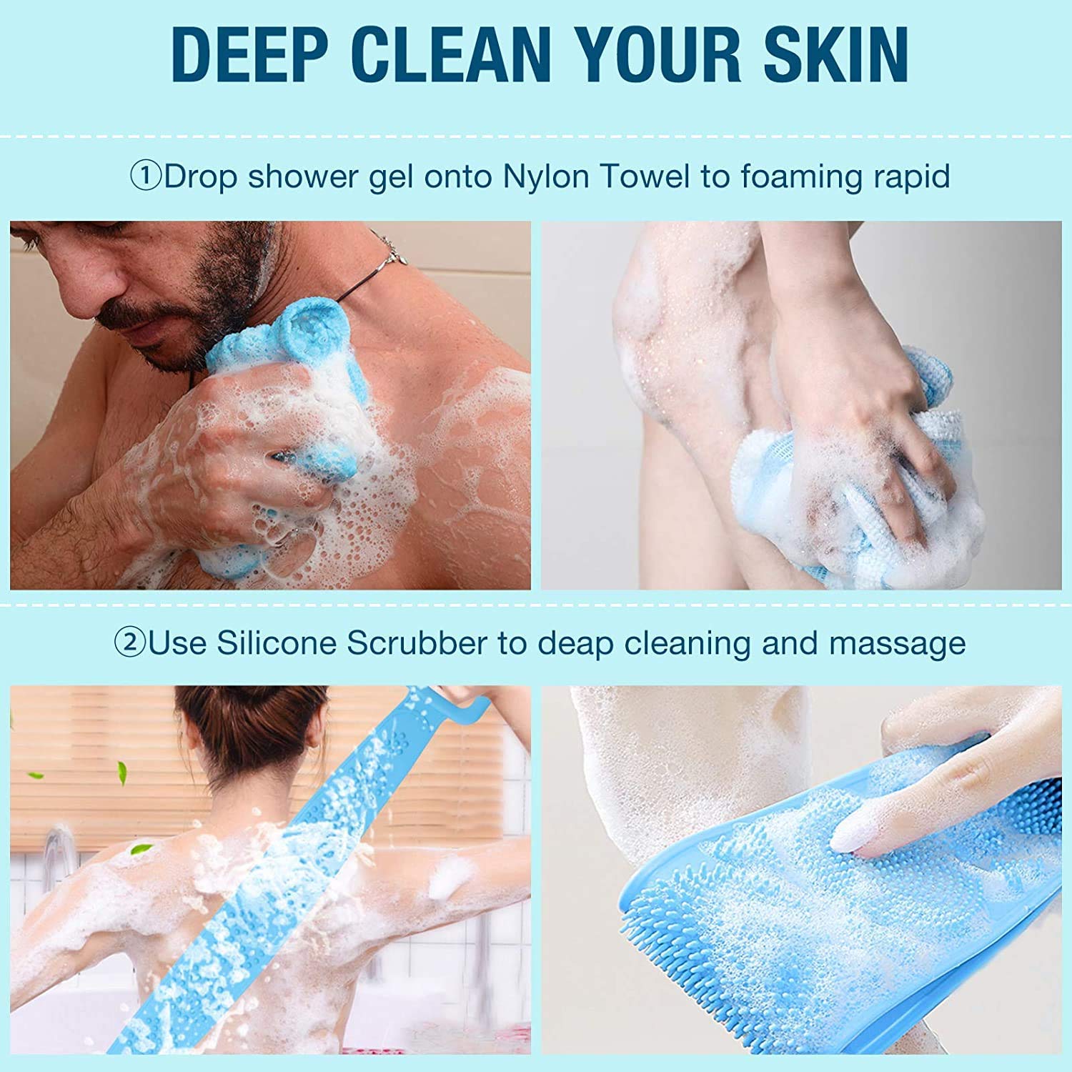Sozzumi Silicone Back Scrubber - Double Sided Bath Brush for Men & Women - Dead Skin Removal & Massage for Shower & Spa