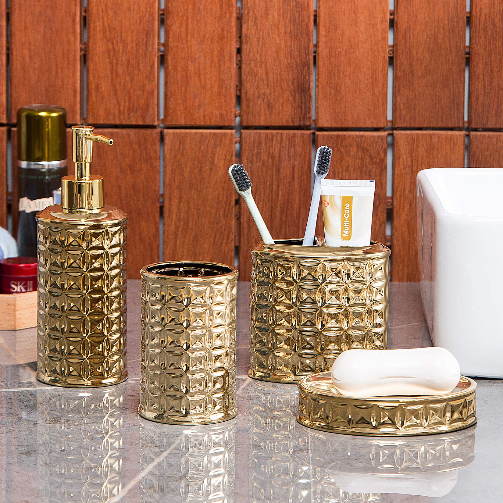 Luxury Gold Ceramic Bathroom Accessory Set - 4-Piece Includes Soap Dish, Toothbrush Holder, Lotion Dispenser & Tumbler | Elegant Bathroom Decor for Modern Homes, Hotels & Spas