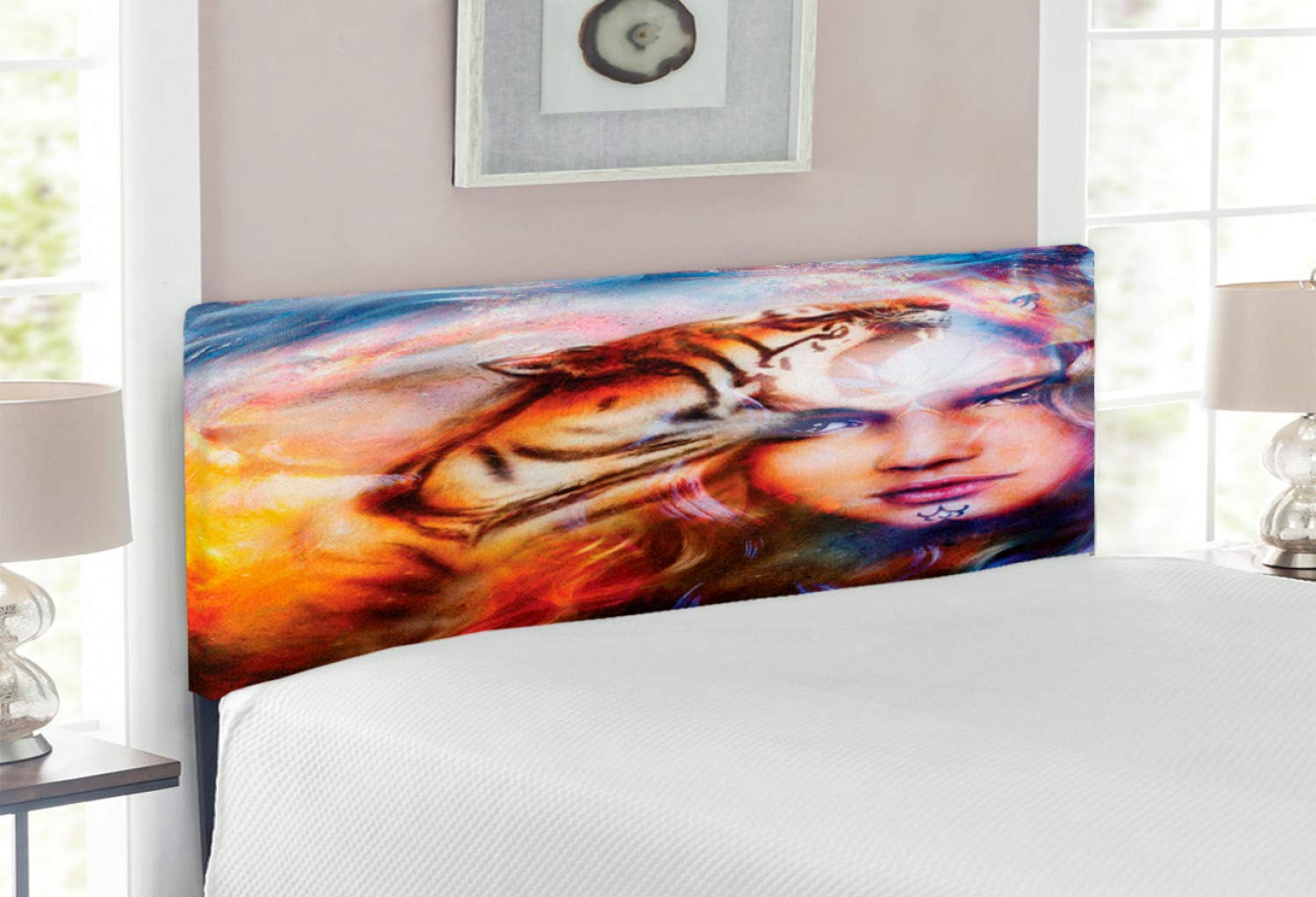Ambesonne Mystic Upholstered Headboard - Full Size Decorative Metal Bed Frame with Memory Foam, Tiger & Lion Art with Woman Face on Ornamental Background in Yellow, Brown & Blue - Perfect for Bedroom Decor, Guest Rooms & Bohemian Style Interiors