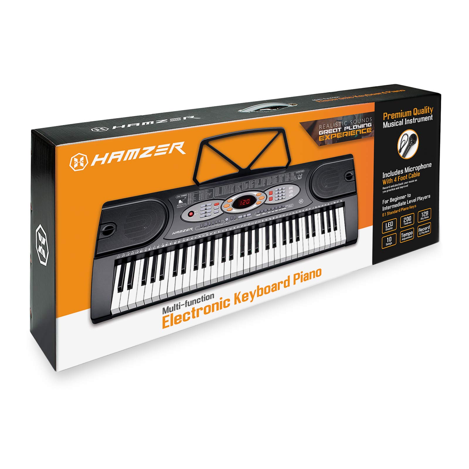 Hamzer 61-Key Electronic Keyboard Piano with Built-In Speakers, Stand, Microphone & USB Jack - Complete Beginner Keyboard Set for Home Practice, Music Lessons & Live Performances