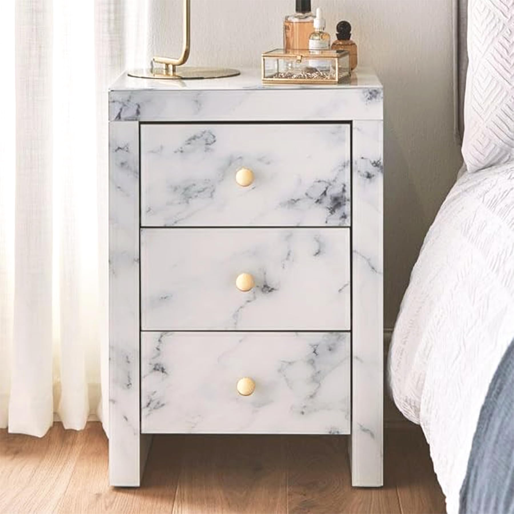 Glass Three-Drawer Nightstand - Stylish White Marble Textured Tempered Glass Bedside Table with Golden Metal Handle | Modern Bedroom Furniture for Small Spaces & Apartment Living