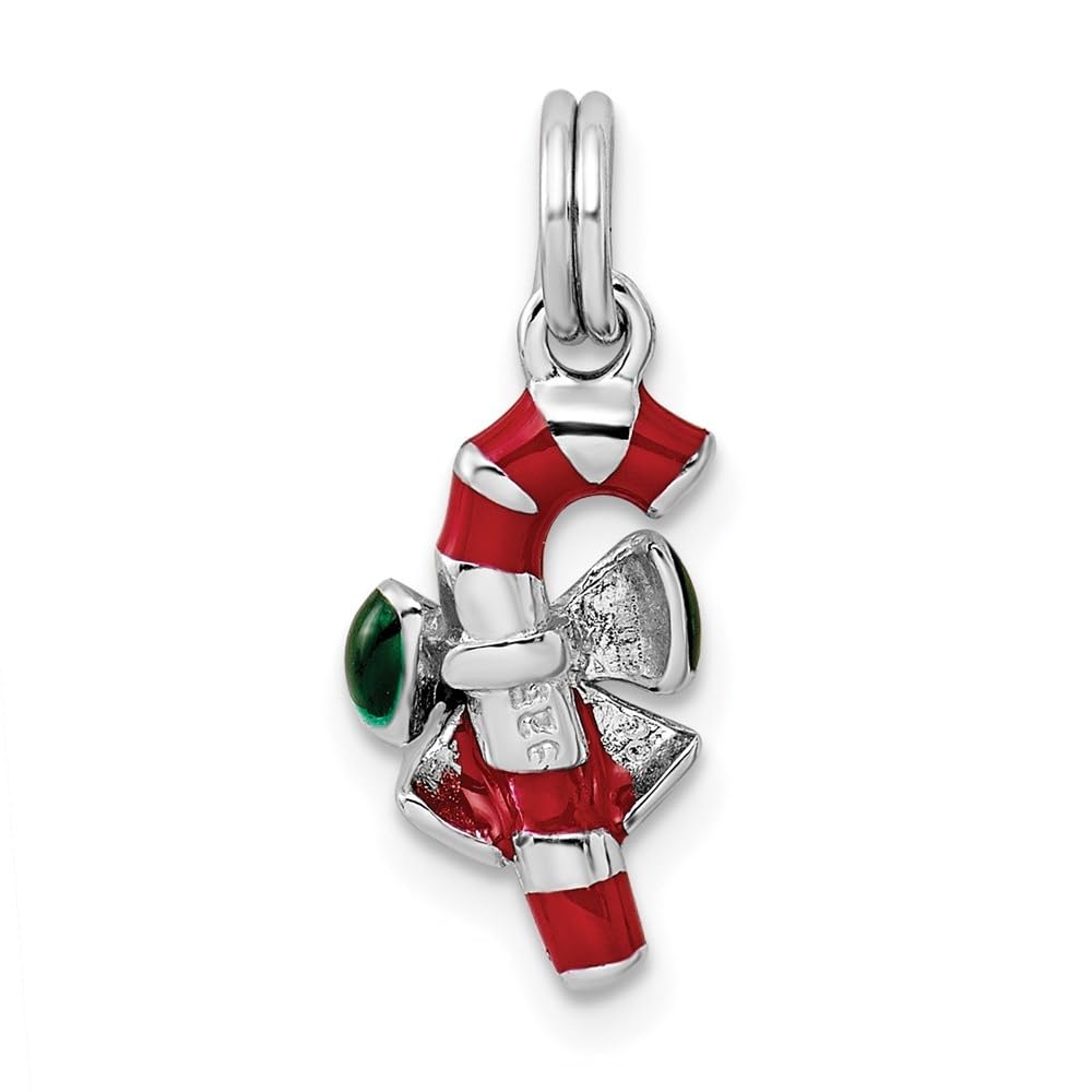 Sterling Silver Rhodium-Plated Enamel Candy Cane Charm Pendant - Christmas Jewelry Gift for Women & Girls - Perfect for Holiday Parties, Tree Decorations & Festive Outfits