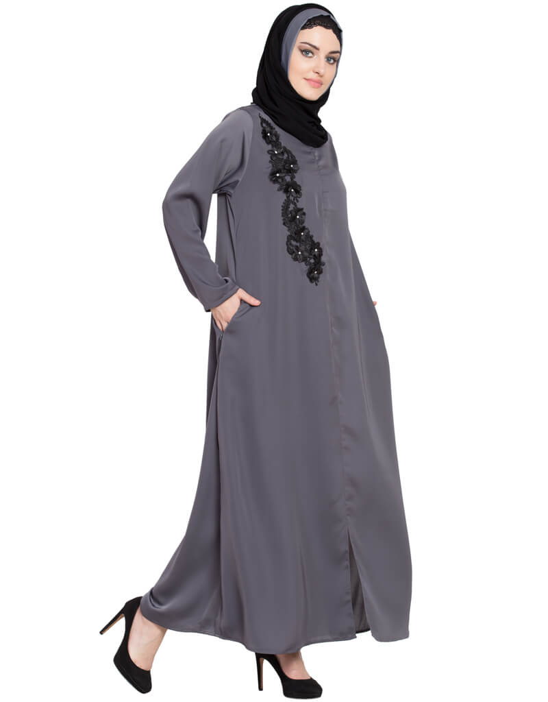 Elegant Arabic Front Zip & Slit Patchwork Nida Abaya in Grey - Perfect for Prayer, Modest Fashion, and Special Occasions