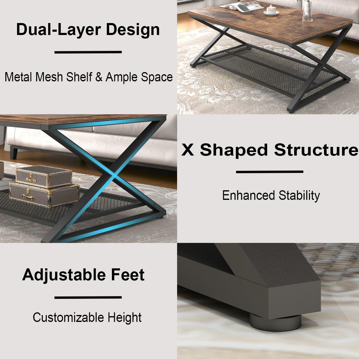 LVB Rustic Coffee Table - 39 Inch Industrial Metal & Wood 2-Tier Cocktail Table with Storage Shelf | Farmhouse Style Rectangle Center Table for Living Room, Office & Bedroom | Rustic Brown Finish | Perfect for Small Spaces, Home Decor & Entertaining Guests