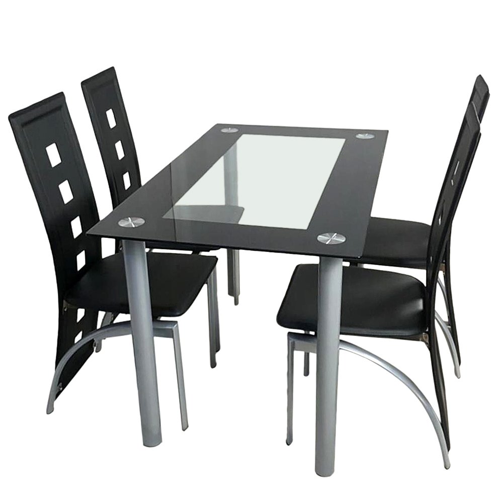 110cm Tempered Glass Dining Table Set with 4 Black Chairs - Modern Transparent Kitchen Table for Small Spaces | Perfect for Apartments, Breakfast Nooks & Cozy Dining Areas