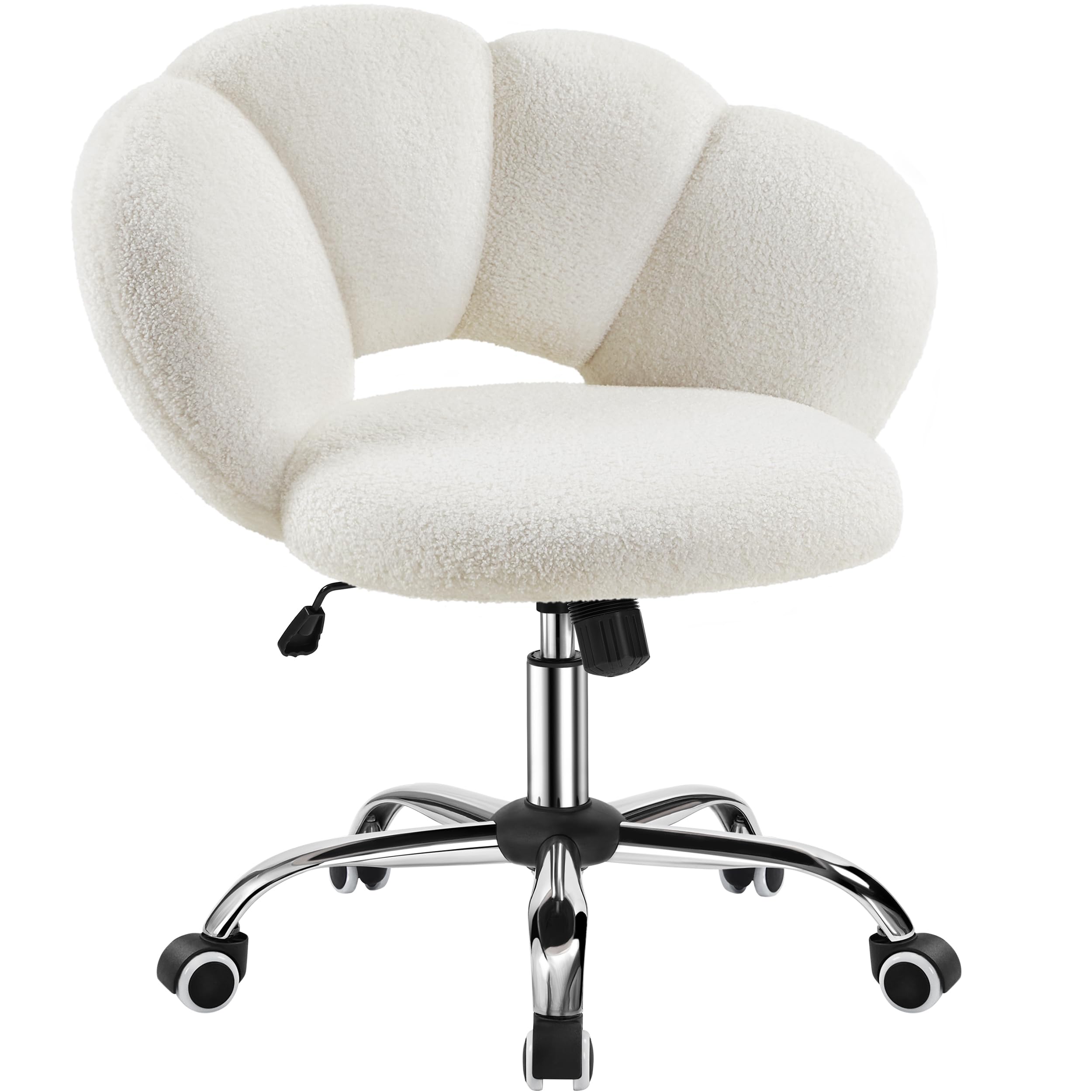 Yaheetech Boucle Upholstered Desk Chair - Adjustable Cloud-Shaped Vanity Chair with Rolling Wheels for Home Office, Living Room & Bedroom - Ergonomic Computer Chair for Work, Study and Makeup (White)