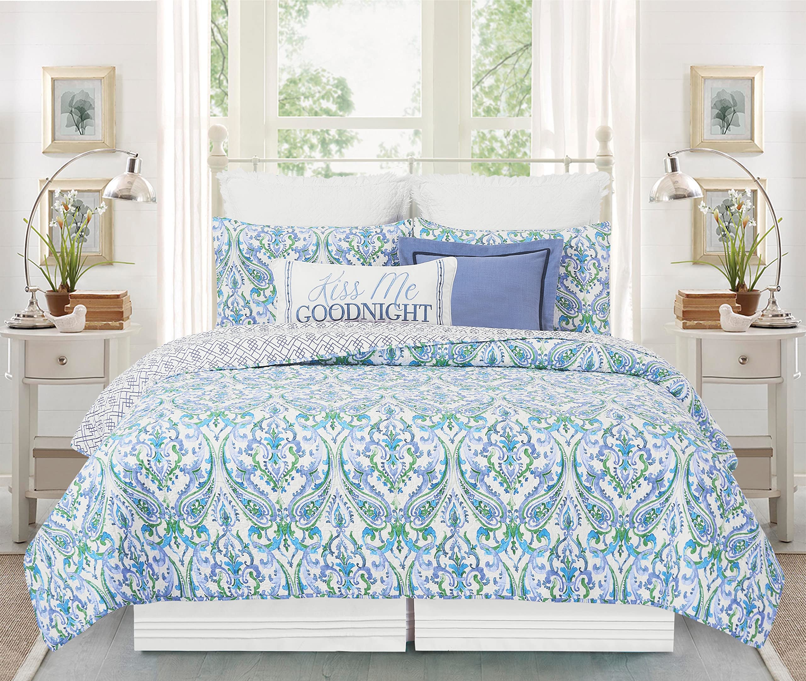C&F Home Juliet Twin 2-Piece Reversible Coverlet Quilt Set - Blue Green White Paisley Pattern & Blue White Trellis Design - Includes 1 Standard Sham | Perfect for Kids' Rooms, Guest Bedrooms & Dorm Decor