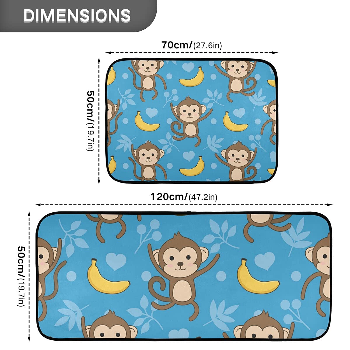 Non-Slip Cartoon Monkey Kitchen Rugs Set of 2 - Washable Anti-Skid Floor Mats for Kitchen Sink, Laundry Room & Home Decor - Cute Animal Print Runner Rugs for Safety and Style