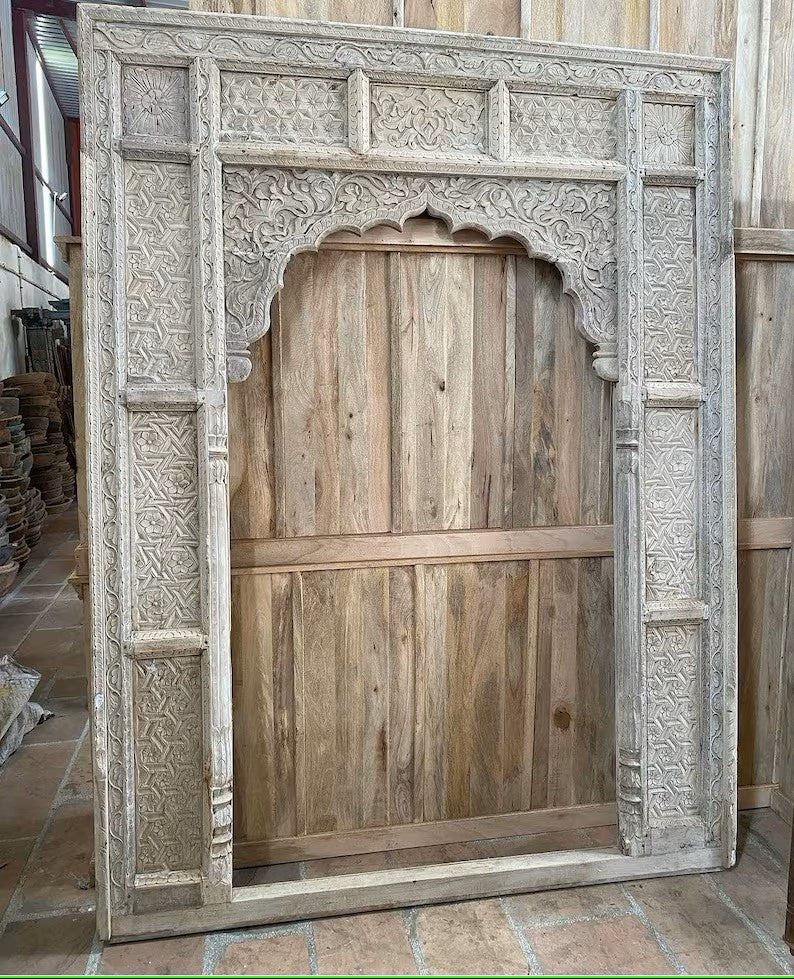 Handmade Carved Indian Jharokha Window Arch - Solid Hardwood Large Rustic White Home Decor for Living Room, Bedroom & Entryway