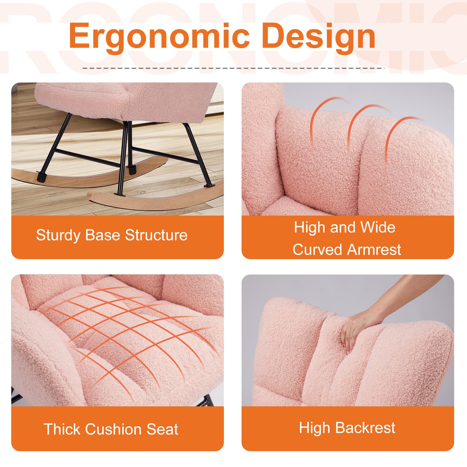 NEWBULIG Teddy Upholstered Glider Rocker with High Backrest - Modern Rocking Accent Chair for Nursery, Living Room & Bedroom (Pink) | Cozy Reading Chair, Perfect for Nursing, Relaxing & Home Decor