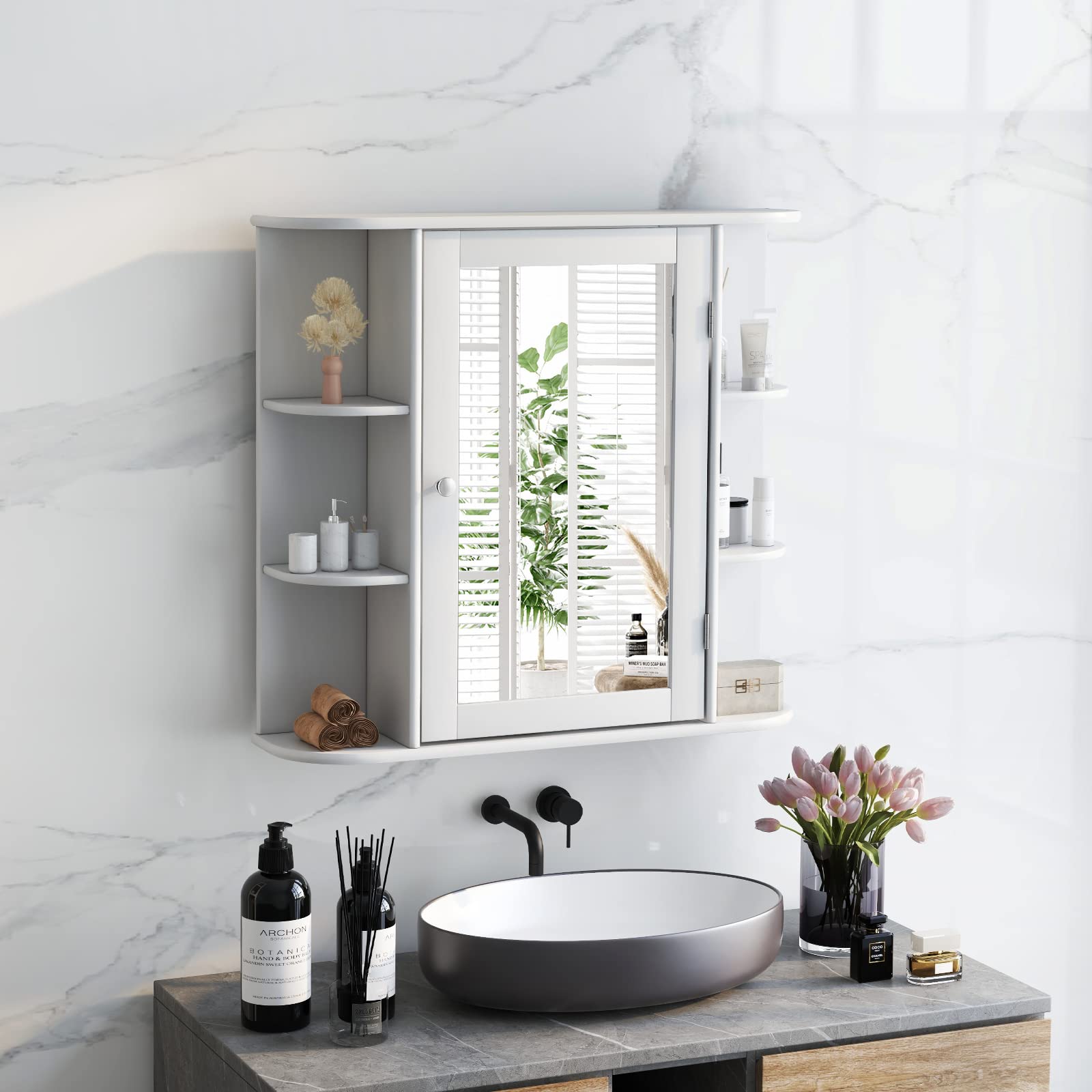 ARLIME Wall Mounted Bathroom Mirror Medicine Cabinet with 4 Adjustable Shelves & 6 Open Racks - White Wooden Storage Organizer for Bathroom, Bedroom & Entryway - Space Saving Hanging Cabinet for Toiletries, Cosmetics & Home Essentials