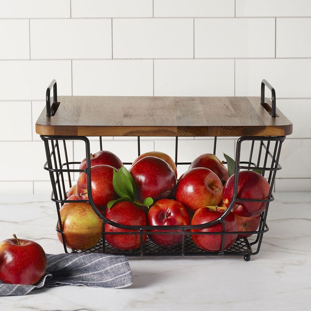 Premium Stacking & Nesting Baskets with Acacia Wood Lid - Stylish Storage for Kitchen, Bathroom, and Home Organization