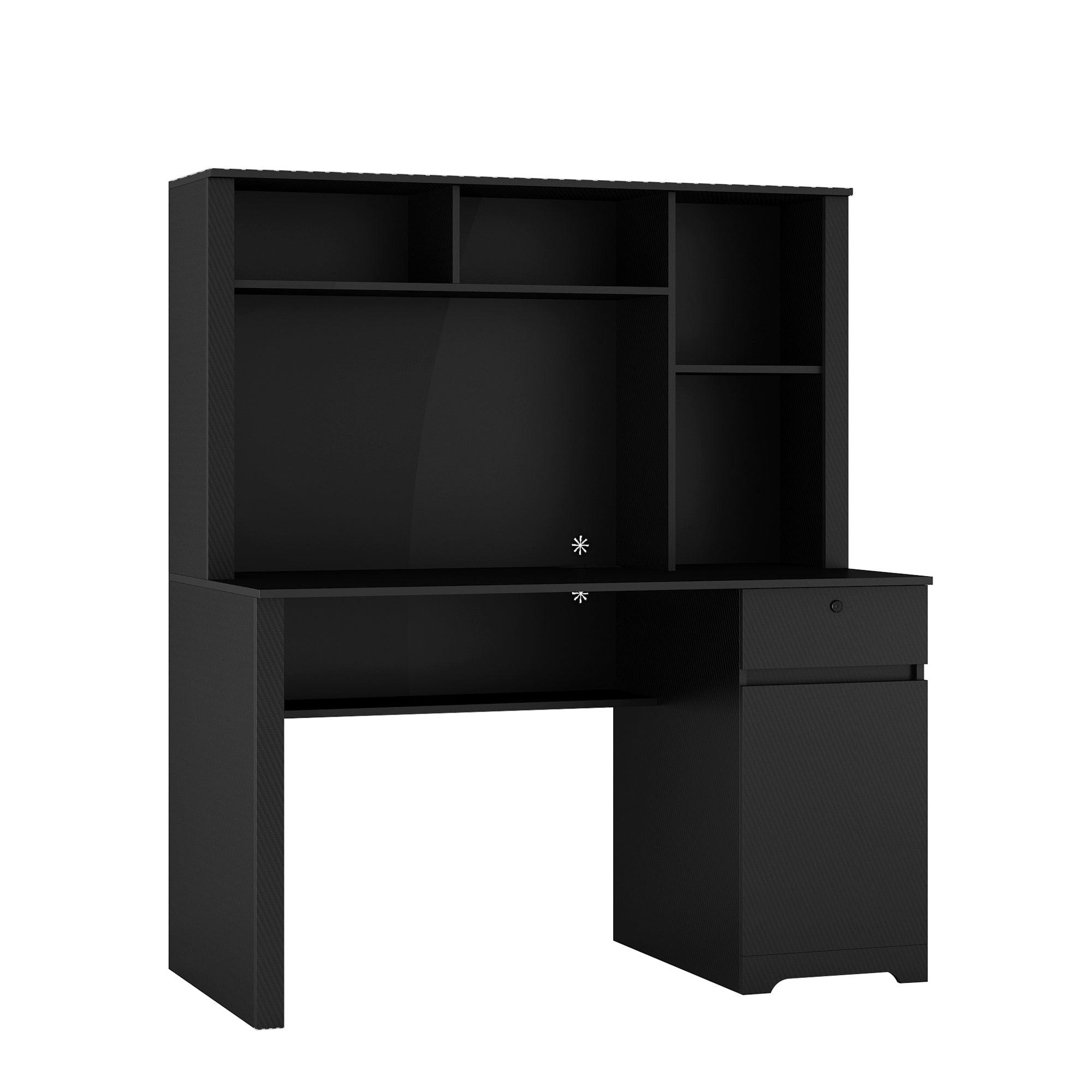Wooden Computer Desk with Hutch & Bookshelf - Home Office Desk with Drawers, 3 AC Outlets & 2 USB Ports - Executive Desk for Teens, Students & Professionals - Perfect for Study, Work & Remote Learning (Black)