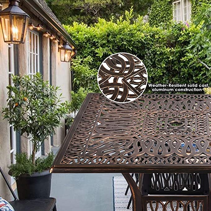 Grepatio 35.4 Inch Square Cast Aluminum Outdoor Dining Table with Umbrella Hole - Compact Bistro Table for Patio, Garden, Deck or Balcony - Antique Bronze Finish Conversation Table for Small Spaces