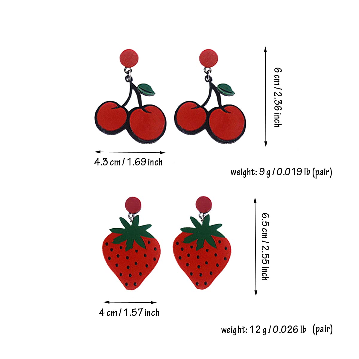 XYAYOU 2 Pairs Cute Exaggerated Fruit Earrings for Women - Cherry & Strawberry Dangle Earrings for Party, Gift, Casual Wear