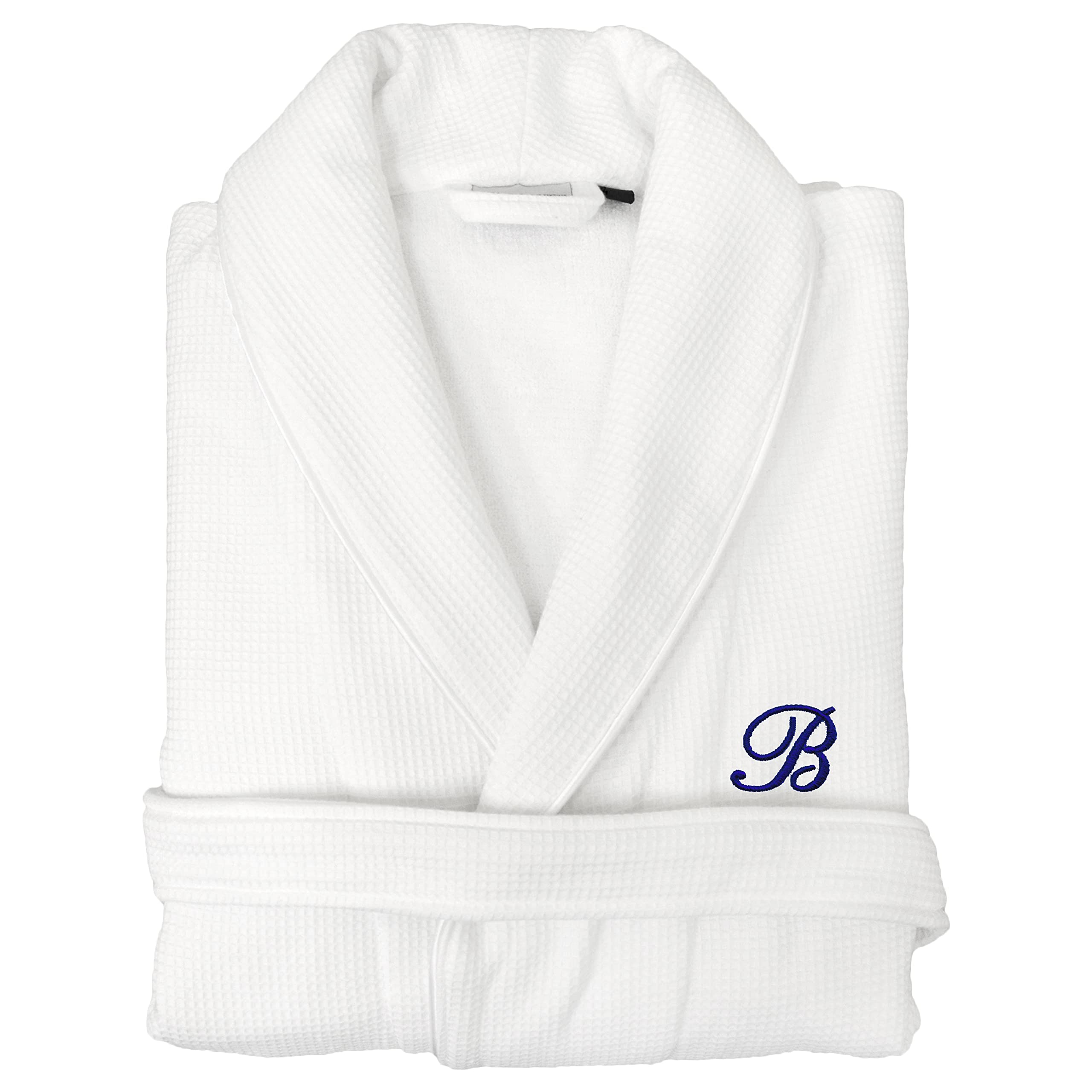 Premium Unisex Navy Blue Monogrammed Turkish Cotton Waffle Weave Terry Bathrobe - White Initials - Size L/XL - Soft & Absorbent for Spa, Hotel & Home Relaxation