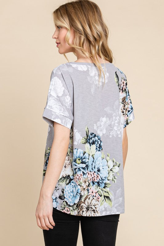 BOMBOM Floral Print Round Neck Short Sleeve T-Shirt for Women - Light Gray Summer Top | Perfect for Casual Outings, Beach Vacations & Date Nights