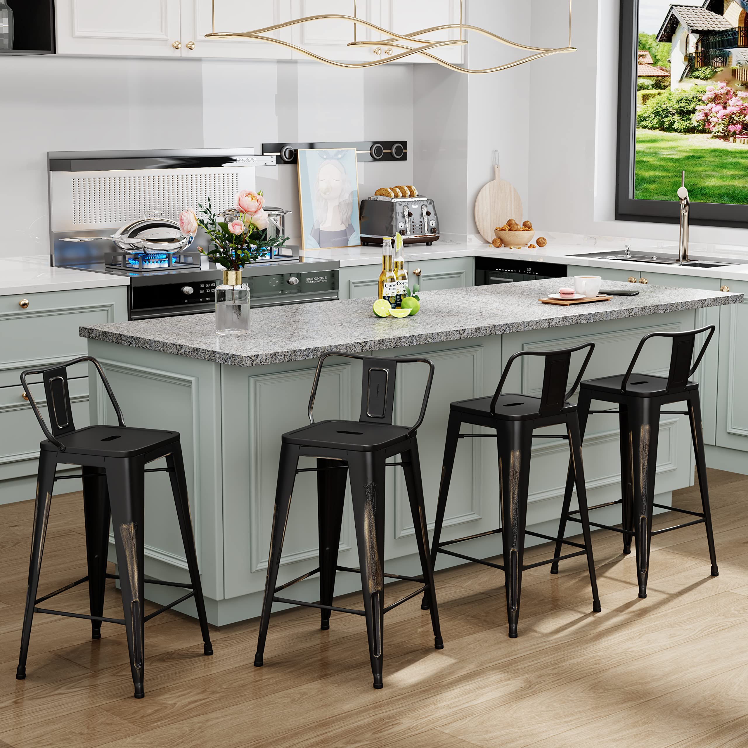 Aklaus Industrial Metal Bar Stools Set of 4 - 30 Inch Bar Height Stools with Back, Distressed Gold Finish - Modern Kitchen & Dining Chairs for Indoor/Outdoor Use - Perfect for Home Bars, Kitchen Islands, and Patio Seating