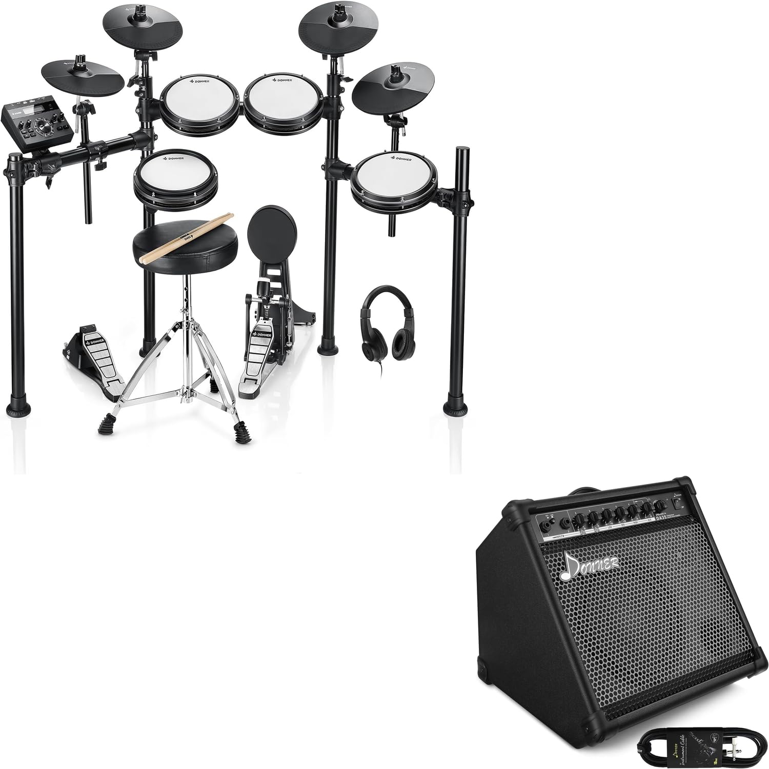 Donner DED-200X Electronic Drum Set with Mesh Pads & 35W Drum Amp - Wireless Bluetooth, Aux Input for Home Practice & Studio Recording | Perfect for Beginners & Professional Drummers