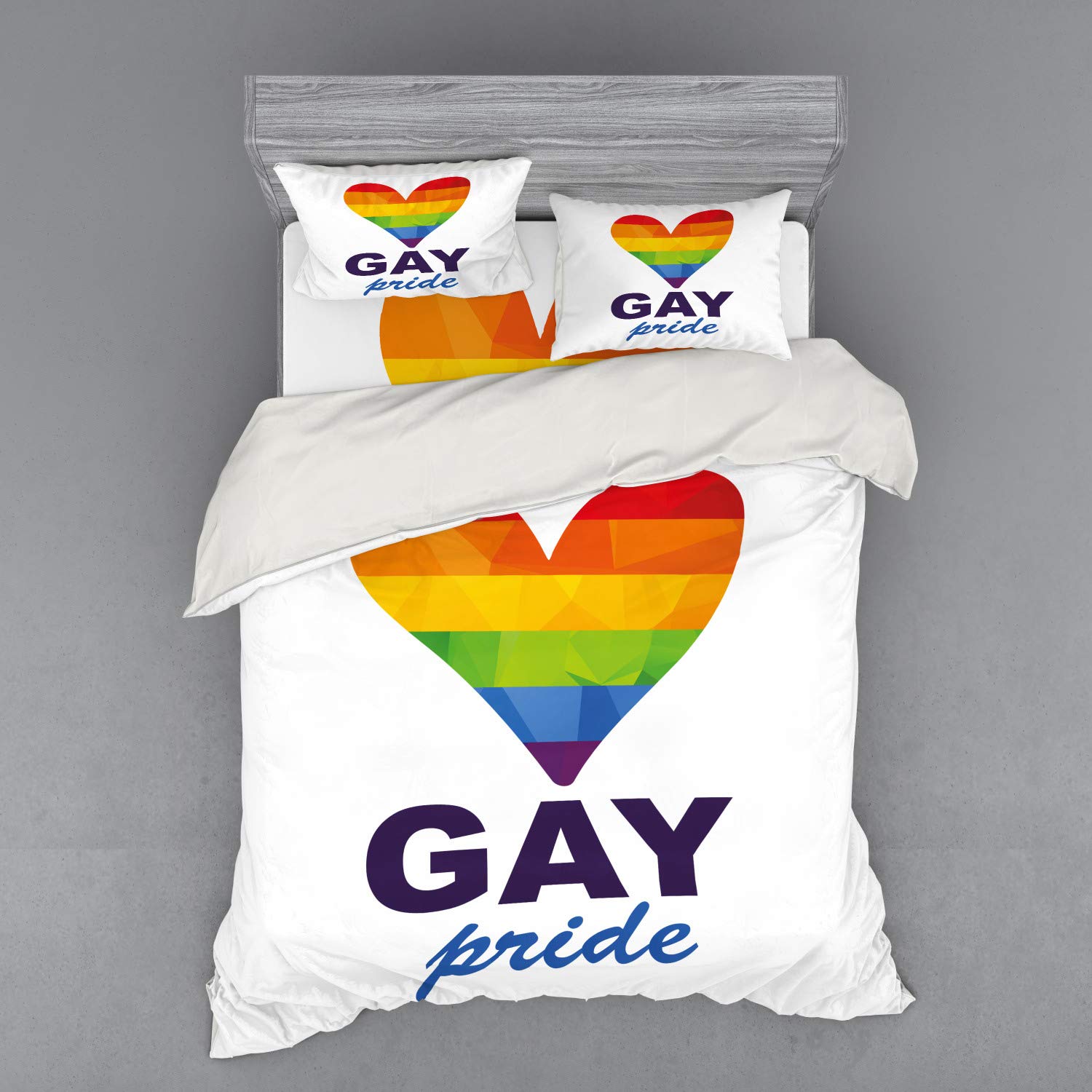 Ambesonne Pride Duvet Cover Set - Polygonal Gay Rainbow Heart LGBT Love Design, 4-Piece Queen Size Bedding Set with Shams & Fitted Sheet, Multicolor - Perfect for LGBTQ+ Themed Bedrooms, Pride Events & Rainbow Decor