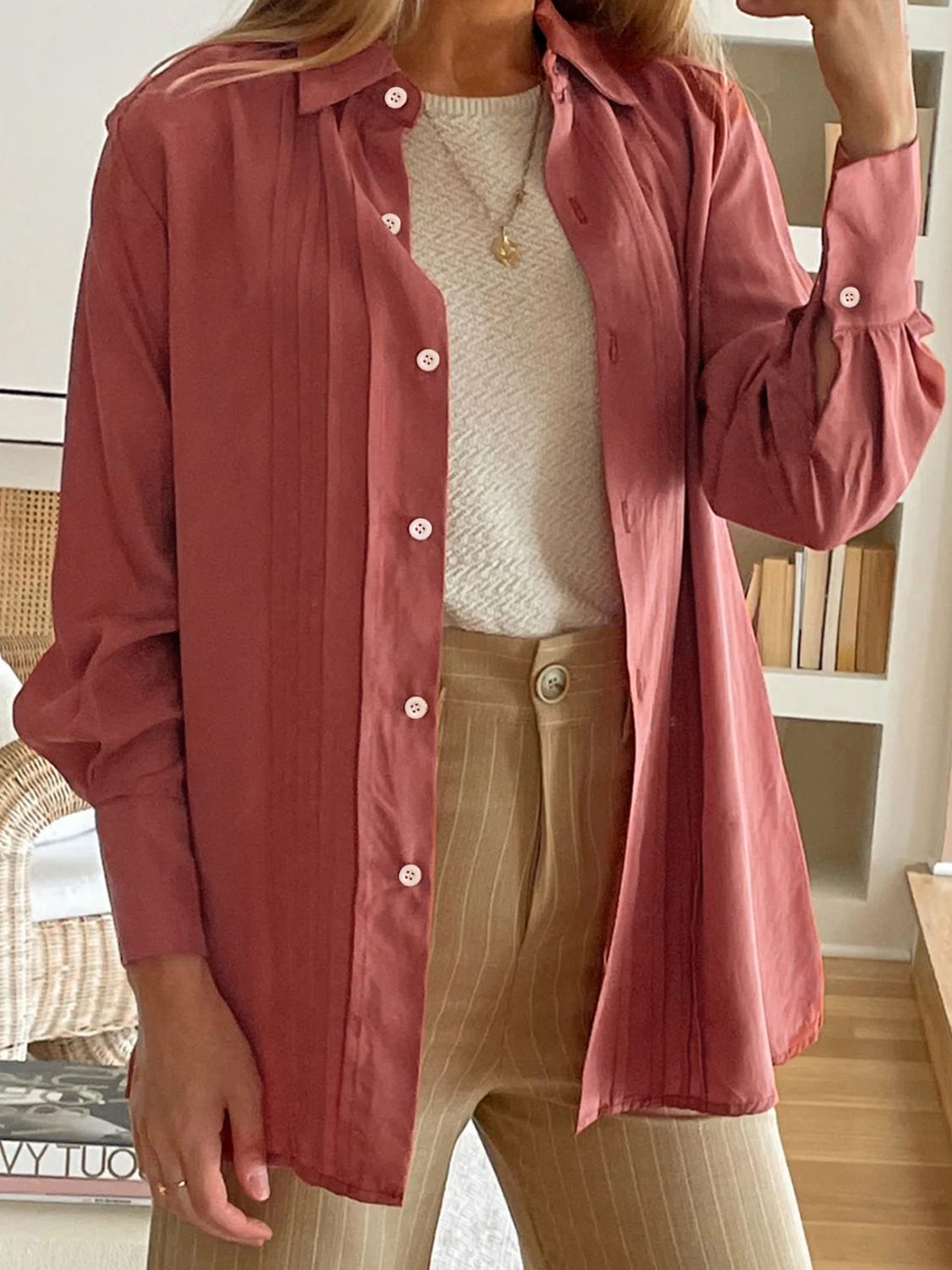 Perfee Women's Ruched Collar Long Sleeve Blouse - Elegant Office Wear & Casual Tops for Work, Date Night and Special Occasions