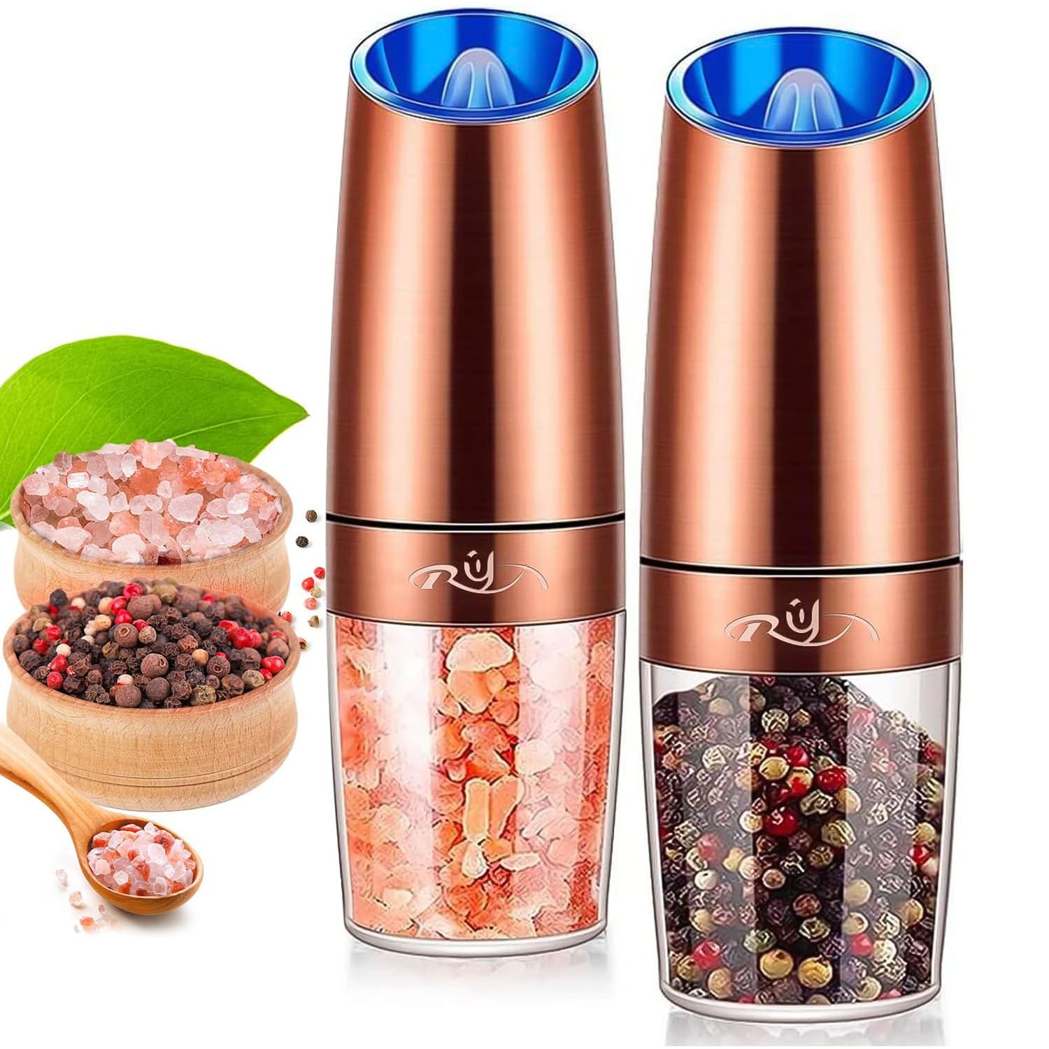 Premium Electric Gravity Salt and Pepper Grinder Set - Ceramic Rotor, Stainless Steel Body with Blue LED Light - Battery Powered Adjustable Coarseness Mill - One-Hand Operation - Perfect for Kitchen, Dining Table & Outdoor BBQ (Copper Finish)