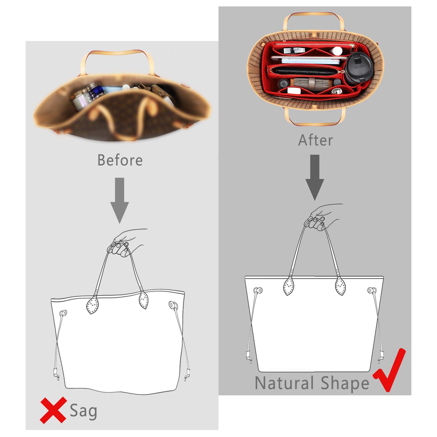 Purse Organizer Insert for Handbags - Bag in Bag Organizer Compatible with Speedy Neverfull & More - 5 Sizes (Large, Red) - Perfect for Travel, Work & Daily Organization