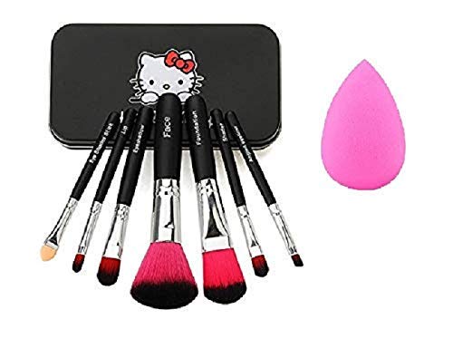 Angelie Professional Makeup Brush Set with Storage Box & Sponge Puff - 7 Piece Black Cosmetic Brush Kit for Foundation, Blending, Contouring | Perfect for Travel & Everyday Makeup Application