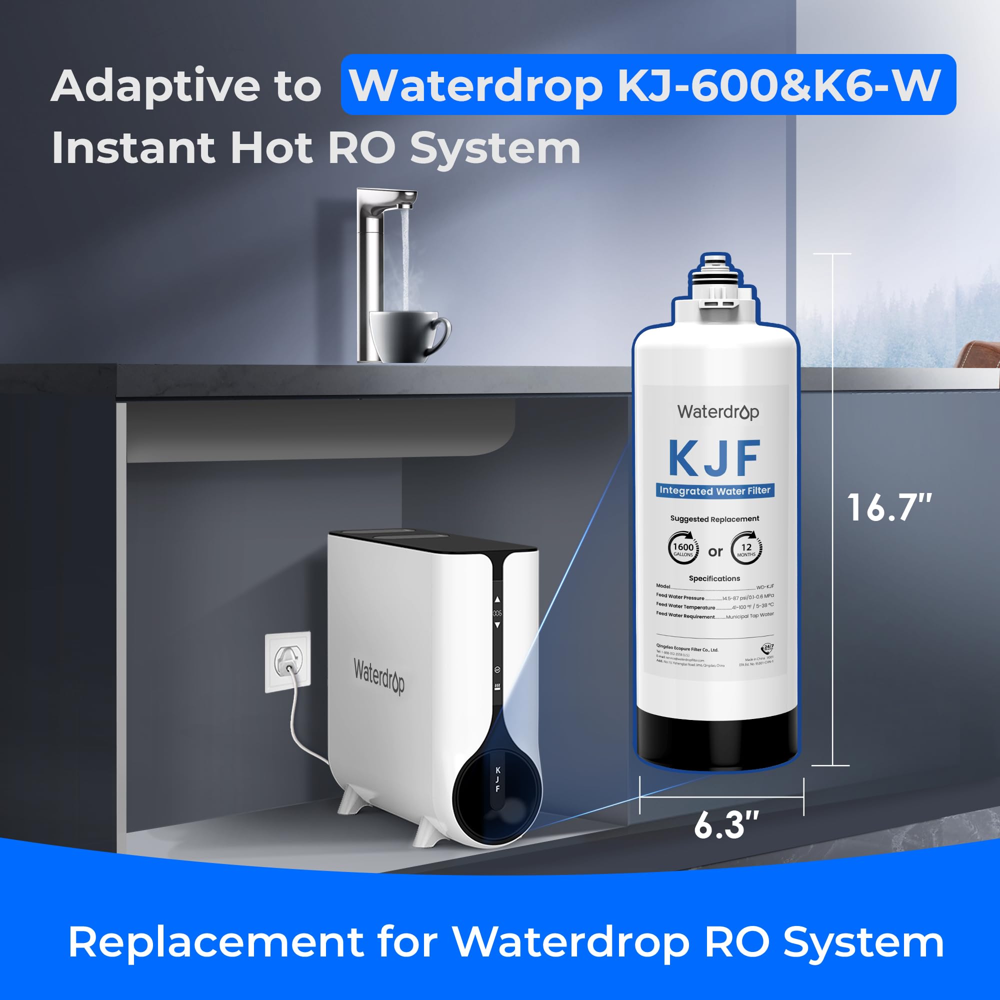 Waterdrop WD-KJF Replacement Filter for WD-KJ600 Reverse Osmosis Instant Hot Water Dispenser System - 12 Month Lifespan - Perfect for Kitchen, Office & Home Use