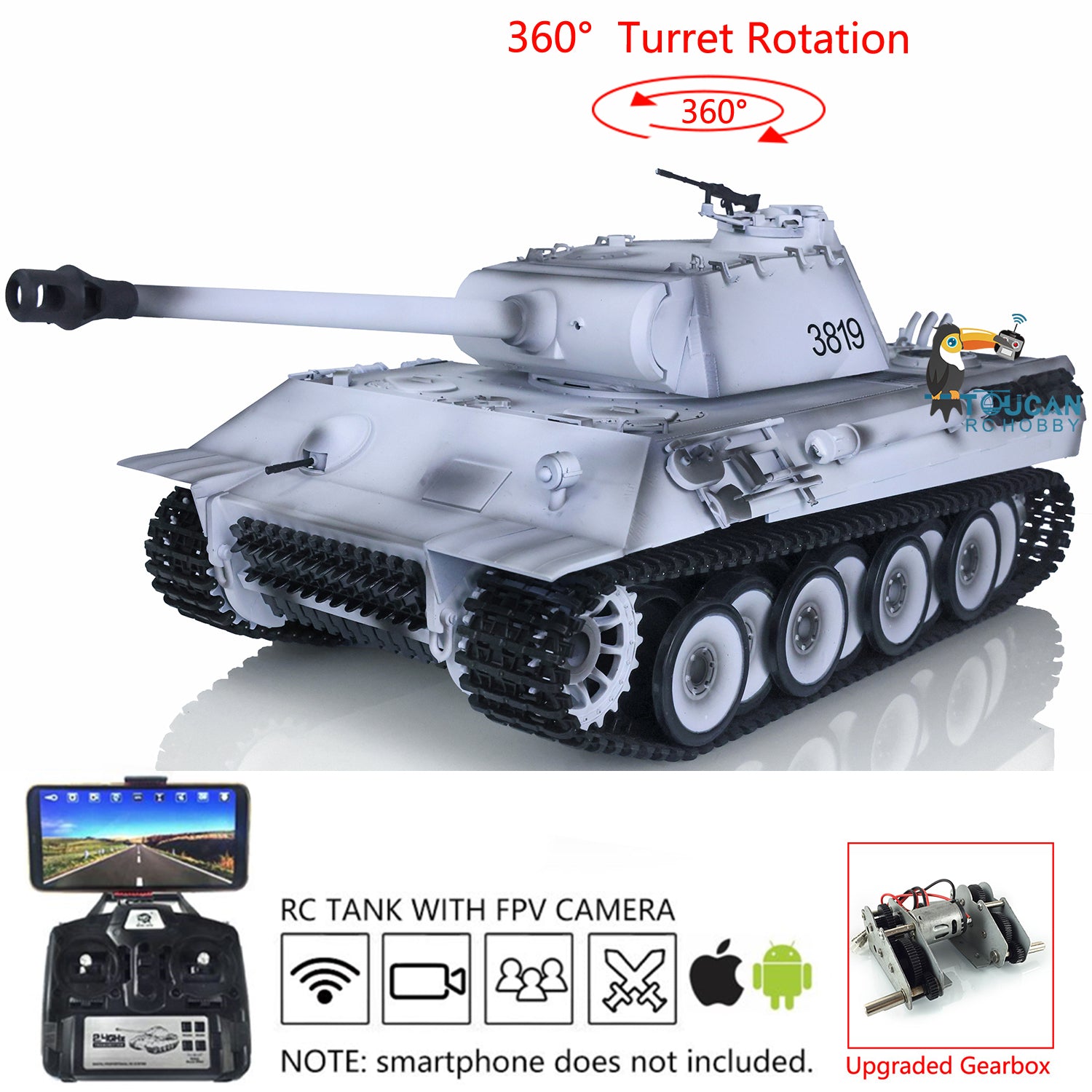 1/16 Scale Henglong 7.0 German Panther RC Tank Model 3819 - 360° Rotating Turret, FPV Camera, Steel Gearbox, Engine Sound & Smoke Effects | Realistic Military Vehicle for Collectors & Battle Simulation