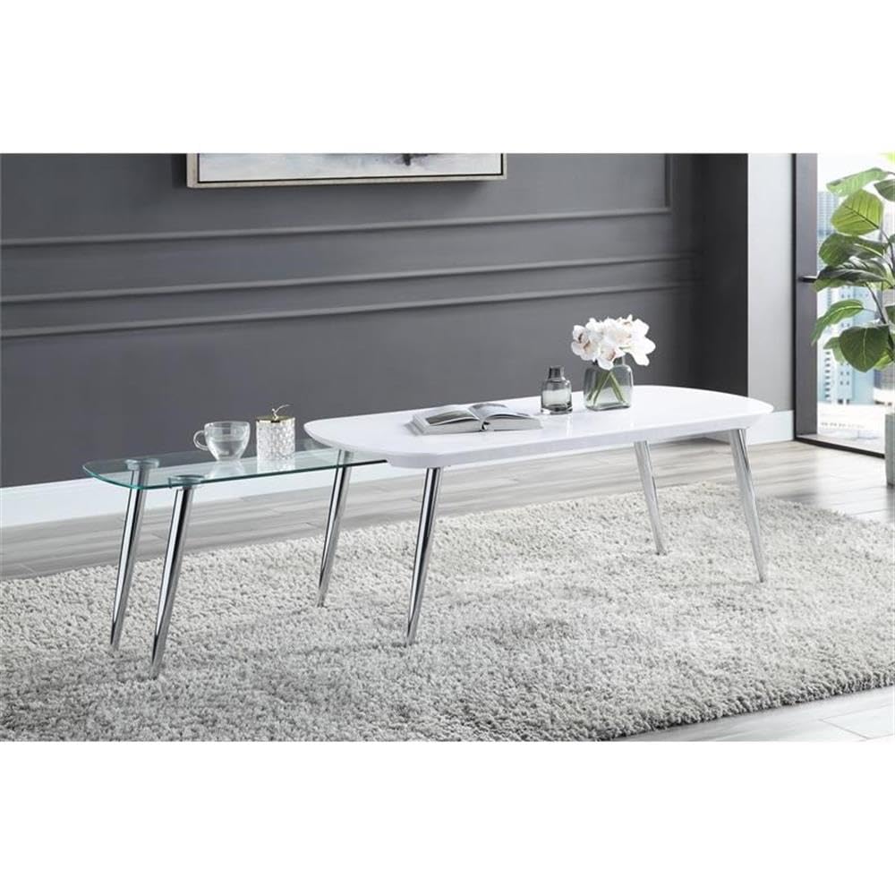 Acme Patina Wood Coffee Table with Pull-Out Top in White & Chrome - Modern Living Room Furniture for Small Spaces & Home Decor