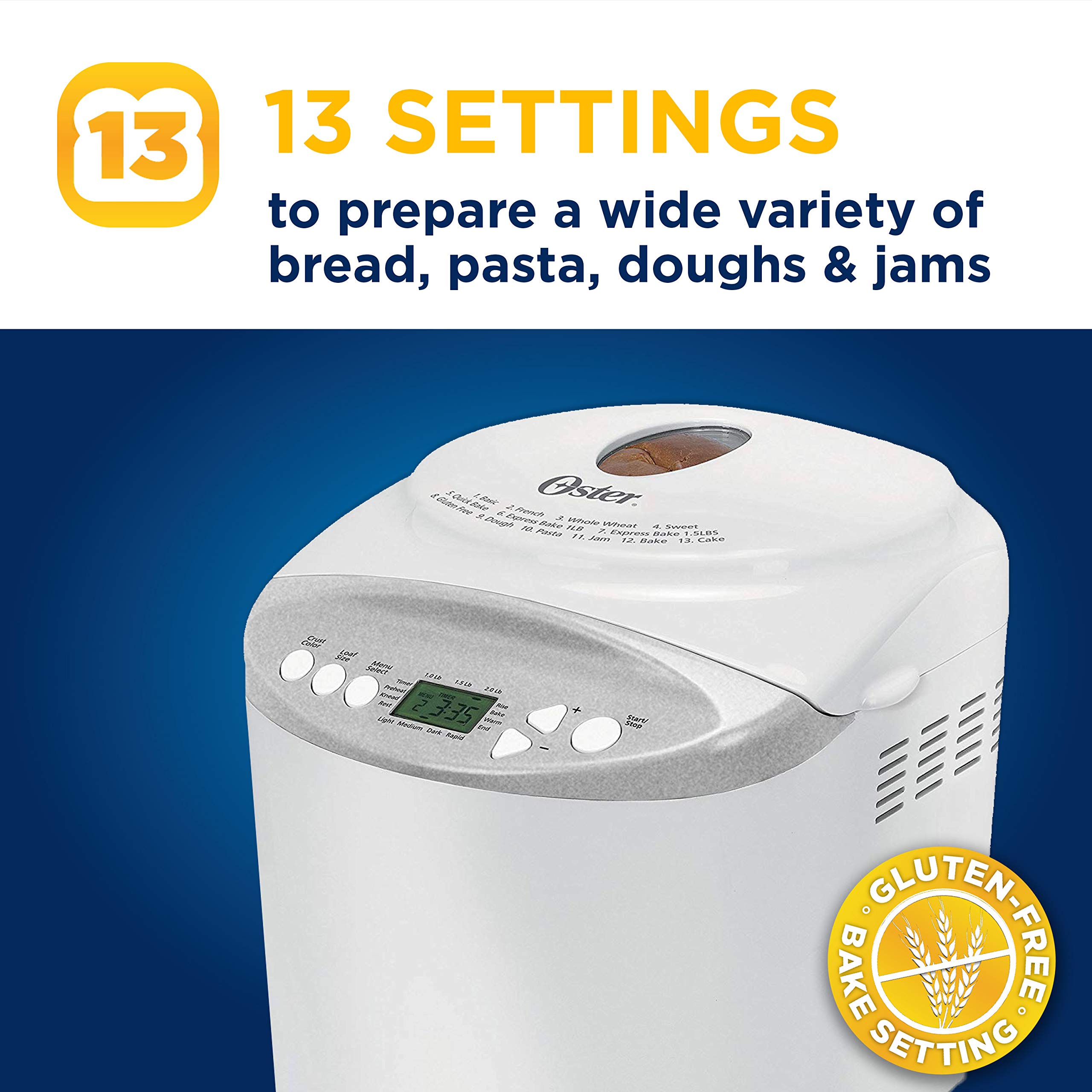 Oster Expressbake 2-Pound Bread Maker with Gluten-Free Setting - White (CKSTBR9050-NP) | Perfect for Homemade Bread, Artisan Loaves & Gluten-Free Baking