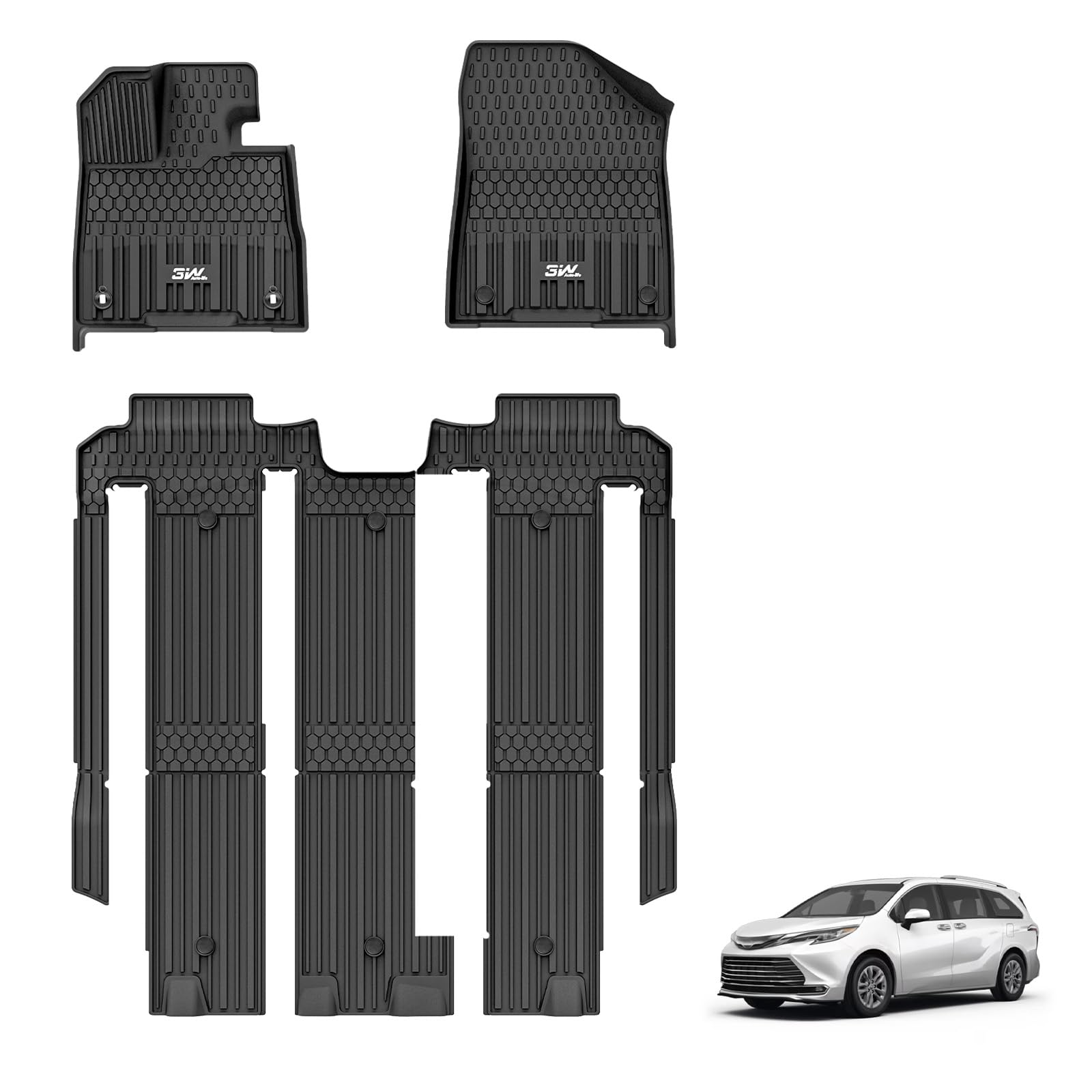 3W Custom Fit All-Weather TPE Floor Mats for Toyota Sienna 2021-2025 (7-Seat Model) - 1st, 2nd & 3rd Row Protection - Black Car Floor Liners - Perfect for Rain, Snow & Mud Protection