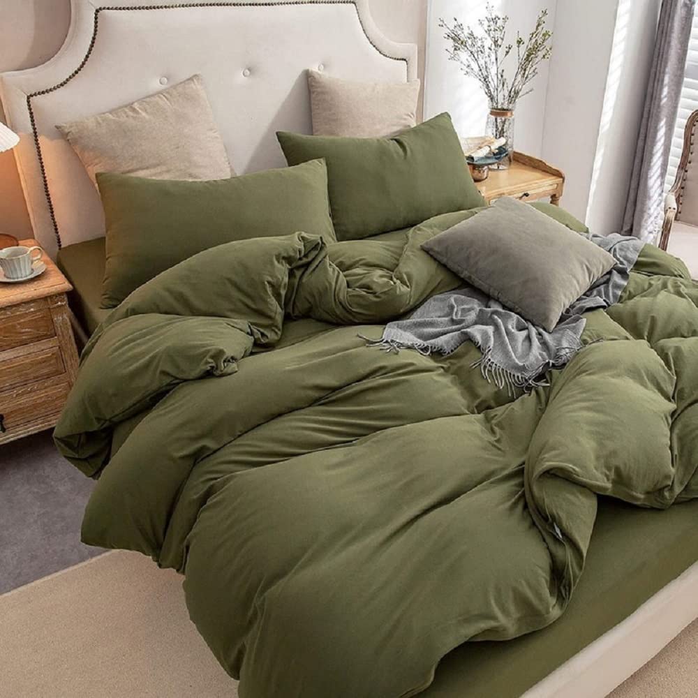 Olive Green Washed Cotton Duvet Cover Set - Queen, King, Full, Twin, California King Sizes - Soft & Breathable Bedding for Cozy Home Decor | Perfect for Guest Rooms, Master Bedrooms & Vacation Homes