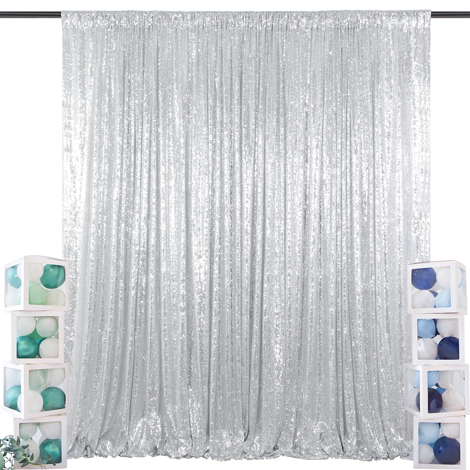 ShinyBeauty 5FT x 10FT Silver Sequin Fabric Photo Booth Backdrop - Sparkling Party Decor for Weddings, Birthdays & Events