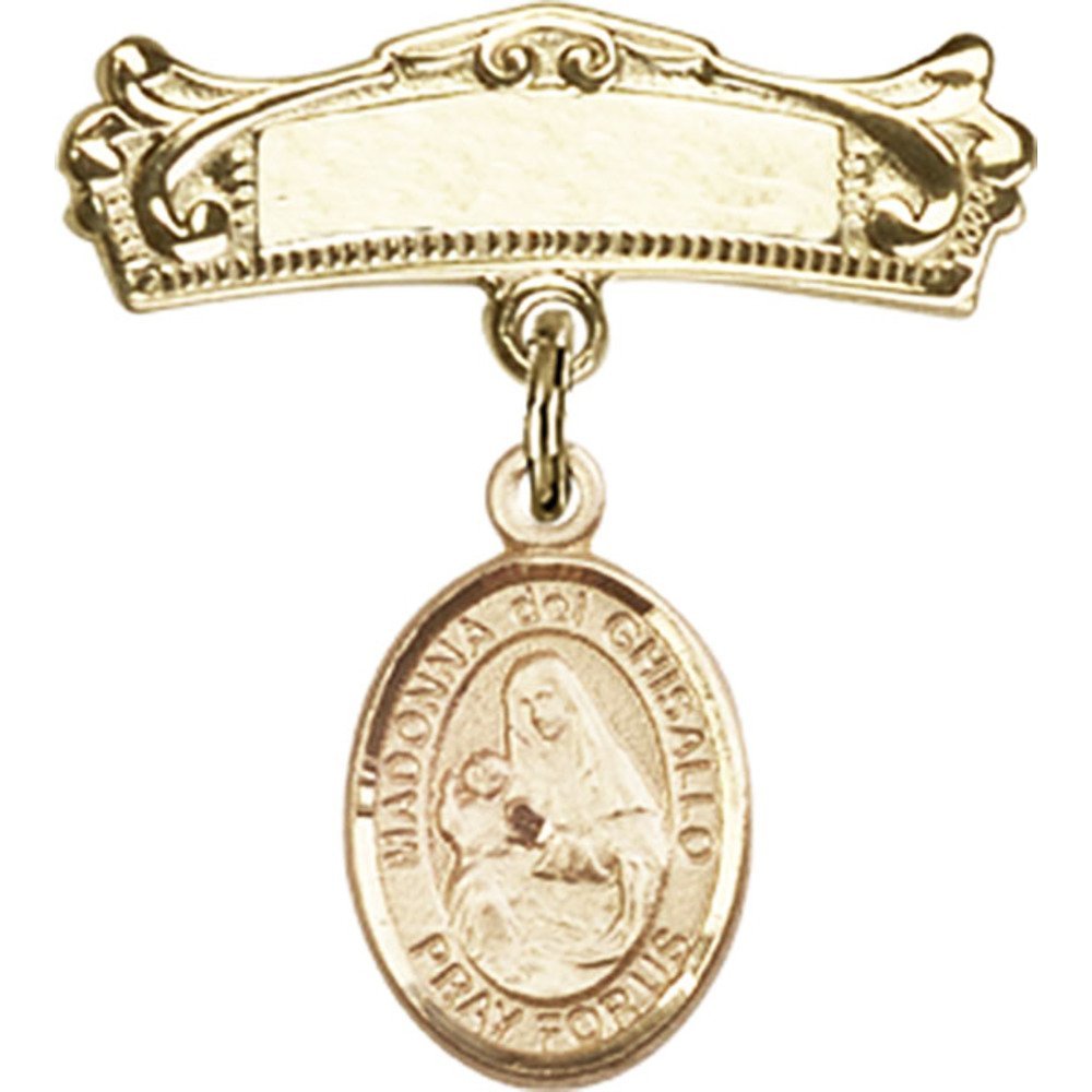 7/8 X 3/4 Inch Gold Filled Baby Badge with St. Madonna Del Ghisallo Charm - Elegant Arched Polished Pin for Christening Gifts, Baby Showers & Keepsakes