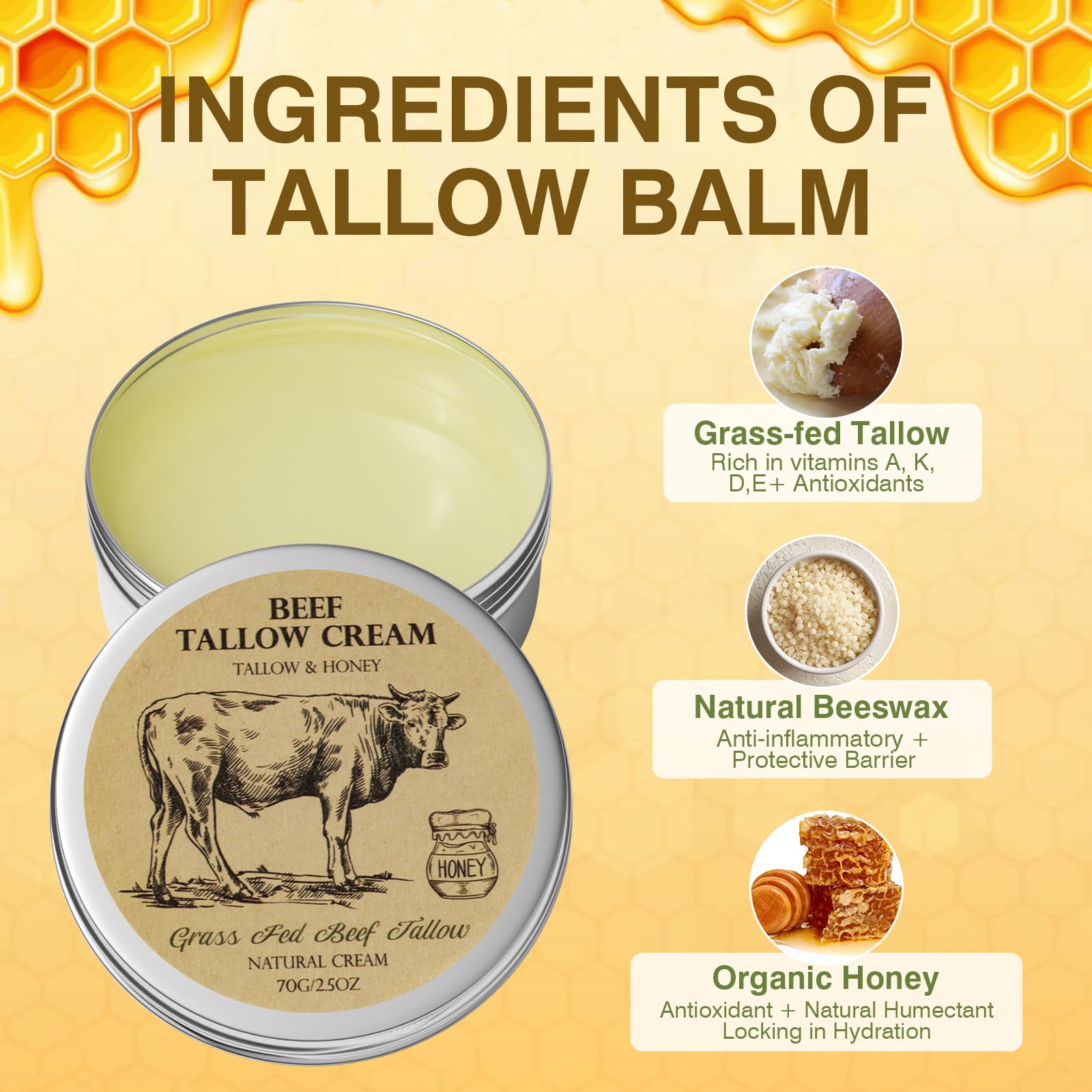 Grass-Fed Beef Tallow Balm with Honey - Natural Face & Body Moisturizer for Dry Skin Care