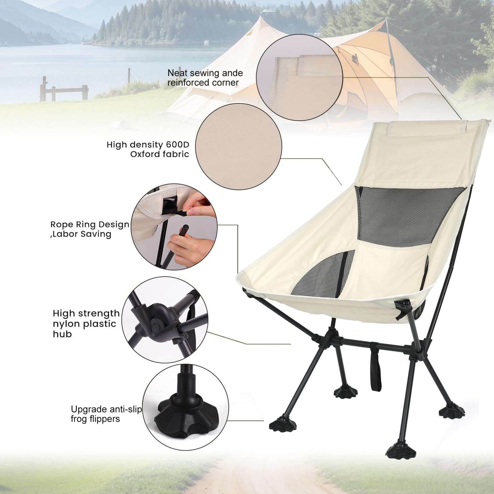 Ultralight High-Back Camping Chair - Portable Folding Backpacking Chair with Cup Holder & Storage Pouch, Supports 300 lbs - Compact Durable Outdoor Chair for Hiking, Camping, Beach, Picnic, Backyard, Fishing & Reading - White