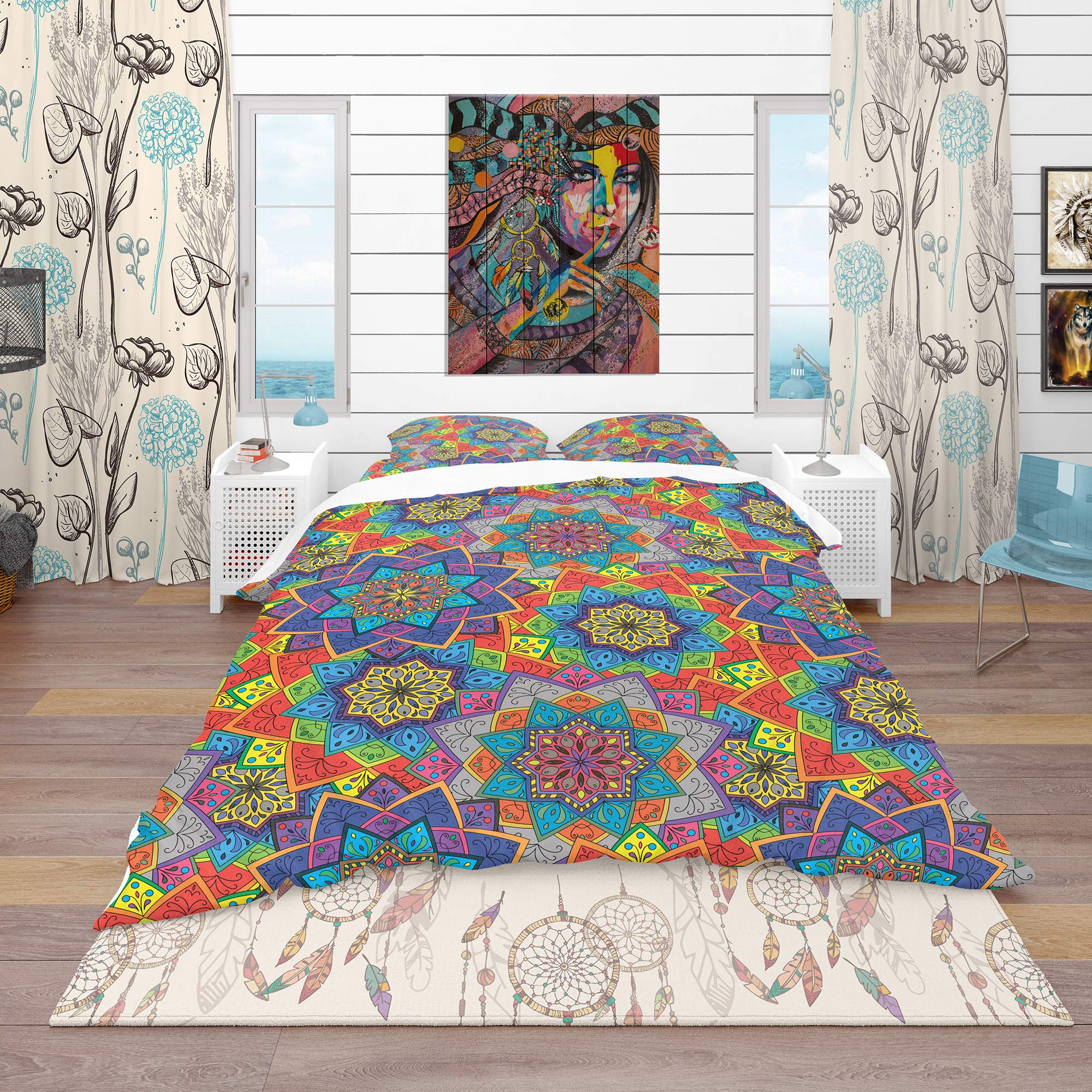 DesignQ Bohemian Duvet Cover Set Queen Size - 3 Piece Blue Indian Ethnic Print Bedding Set | All Season Soft Cotton Comforter Cover | Perfect for Eclectic, Boho & Global Decor Bedrooms