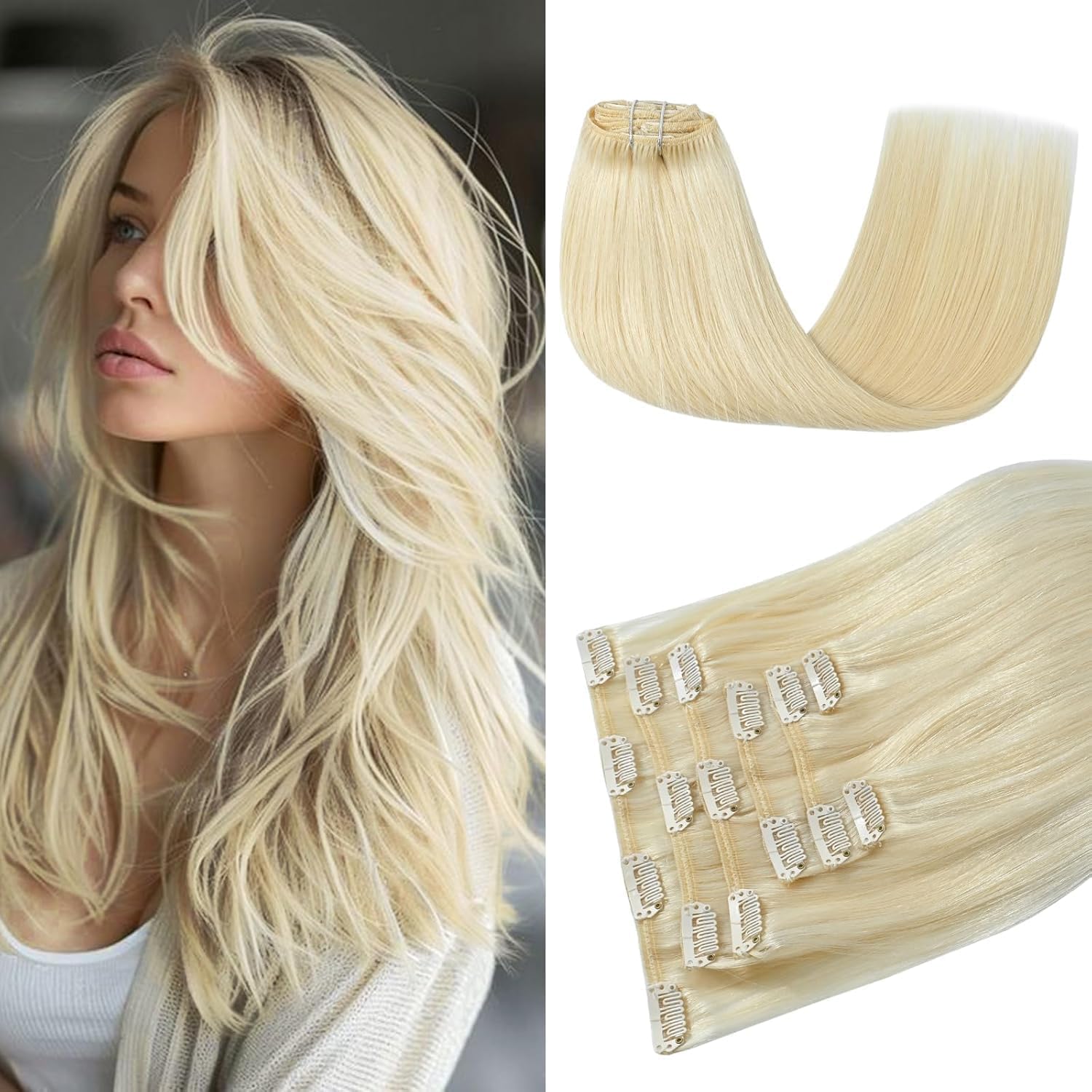 HUAYI Platinum Blonde 20 Inch Human Hair Clip-In Extensions - 7pcs 120g 100% Real Human Hair for Women (#60) | Perfect for Parties, Weddings & Daily Styling