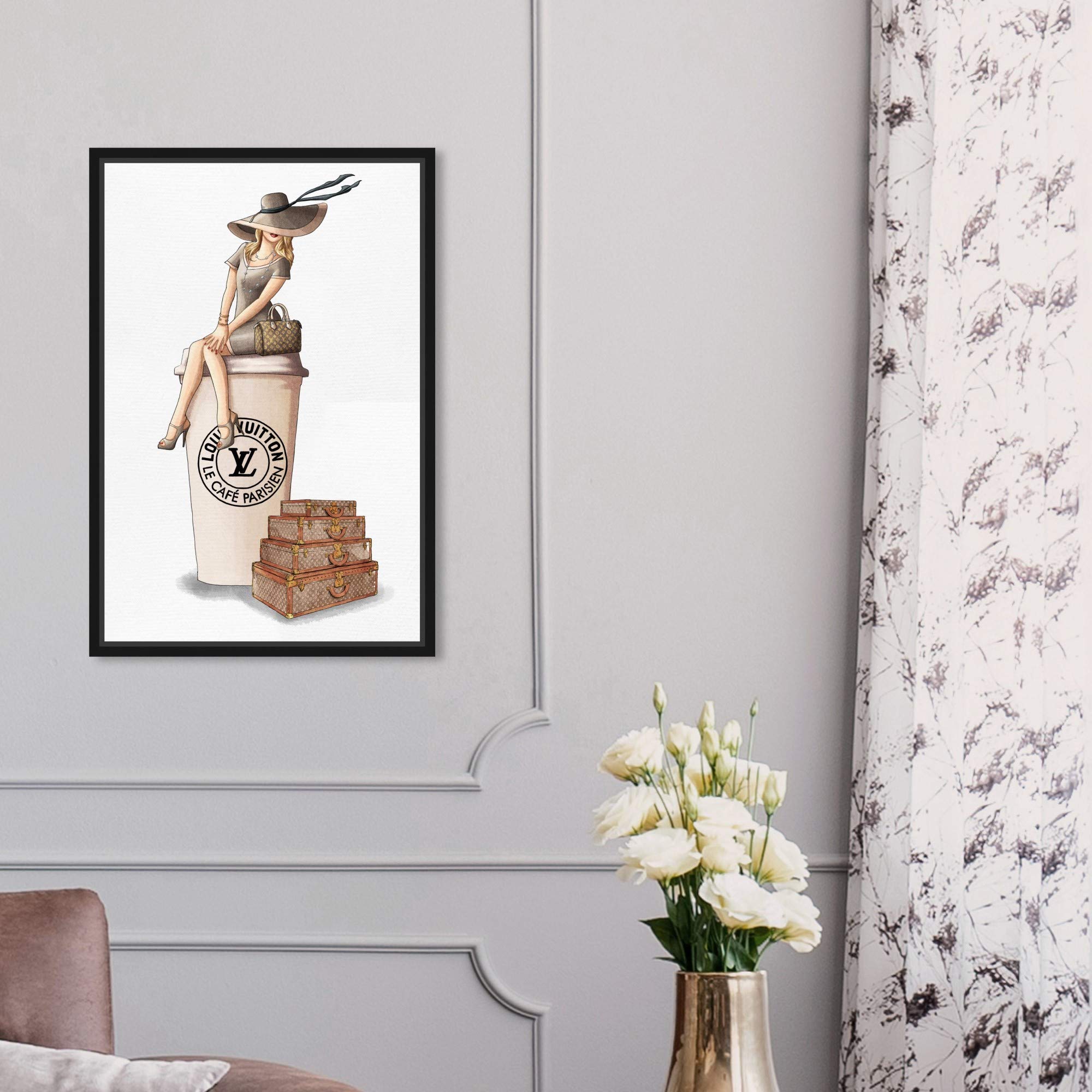 Oliver Gal Artist Co. 'Cafe au Lait Paris' Fashion Wall Art - 10x15 Inch Brown Framed Canvas Print for Handbag Lovers & Home Decor - Perfect for Living Room, Bedroom or Office Décor