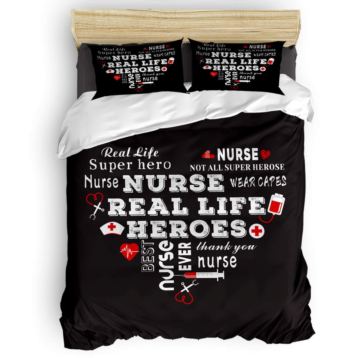 4-Piece Queen Size Duvet Cover Set - Ultra Soft Quilted Bedding with 2 Pillowcases - Perfect Gift for Nurses & Healthcare Heroes - Black Elegant Design - Ideal for Home, Dorm, or Hospital Use