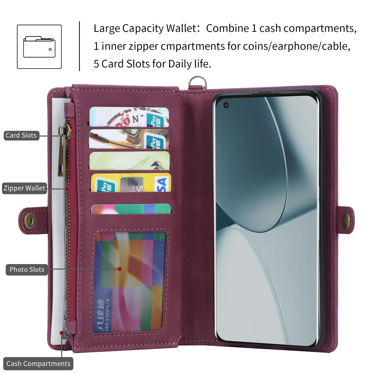OnePlus 10 Pro Wallet Case - Premium Leather Flip Cover with Card Slots, Zipper Purse & Detachable Magnetic Closure - Hand Strap & Cash Pocket for Men & Women (Red) - Perfect for Daily Commute, Travel & Business Use