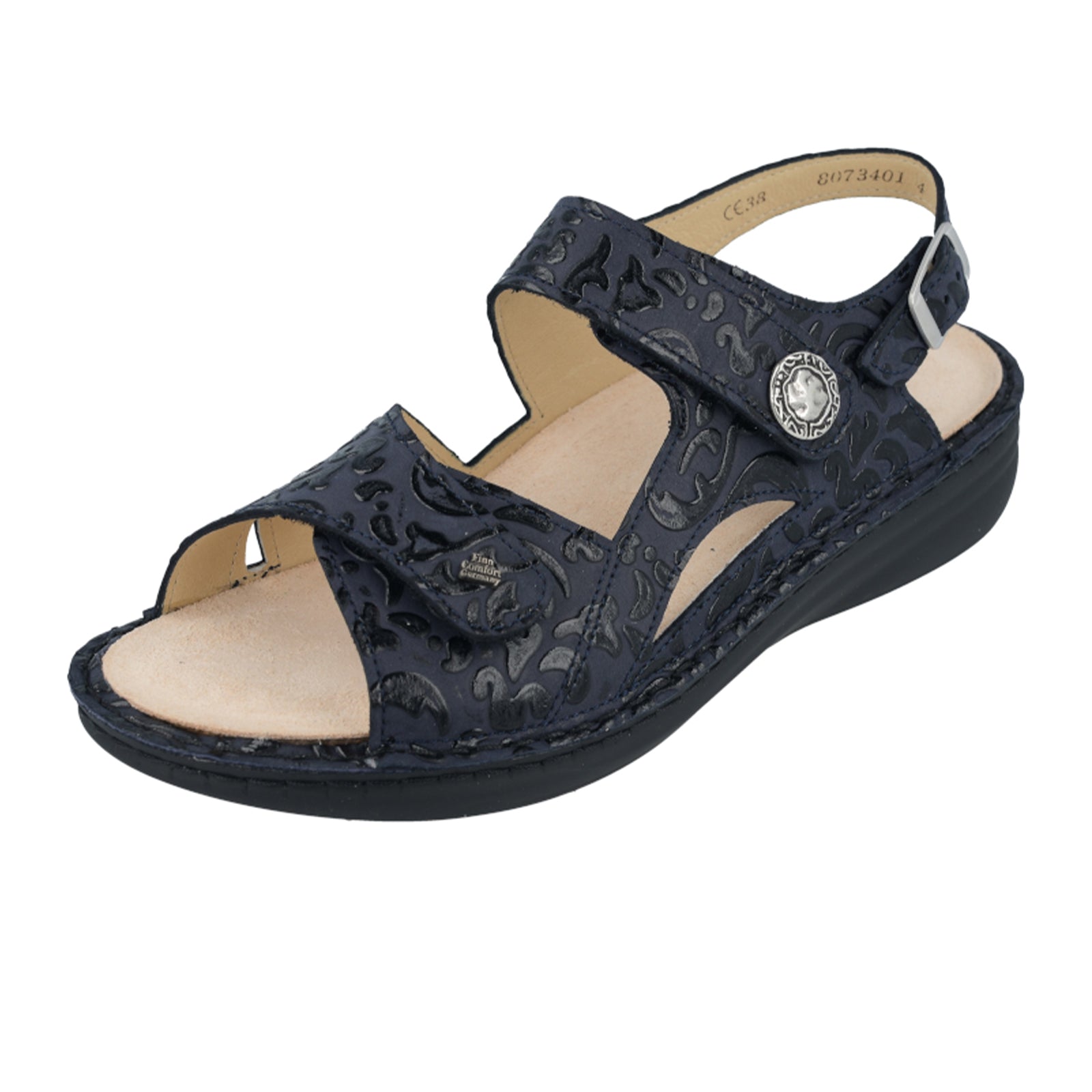 Finn Comfort Barbuda Backstrap Sandal for Women - Blue Arabesque Leather Sandals | Comfortable Walking Shoes for Travel, Beach & Casual Outings